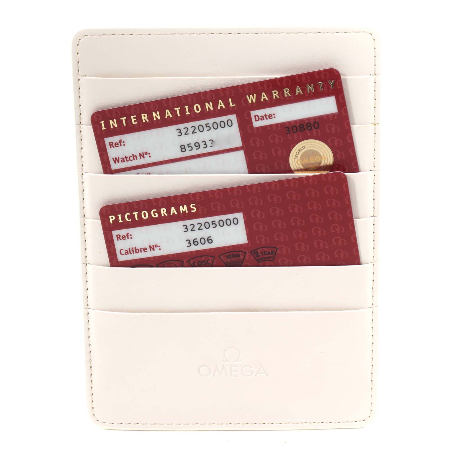 This image shows the documentation for an Omega Speedmaster 3220.50.00 Men
s Stainless Steel Black Dial 3220.50.00 Men
s Stainless Steel Black Dial, including an International Warranty card and a Pictograms card in a holder.