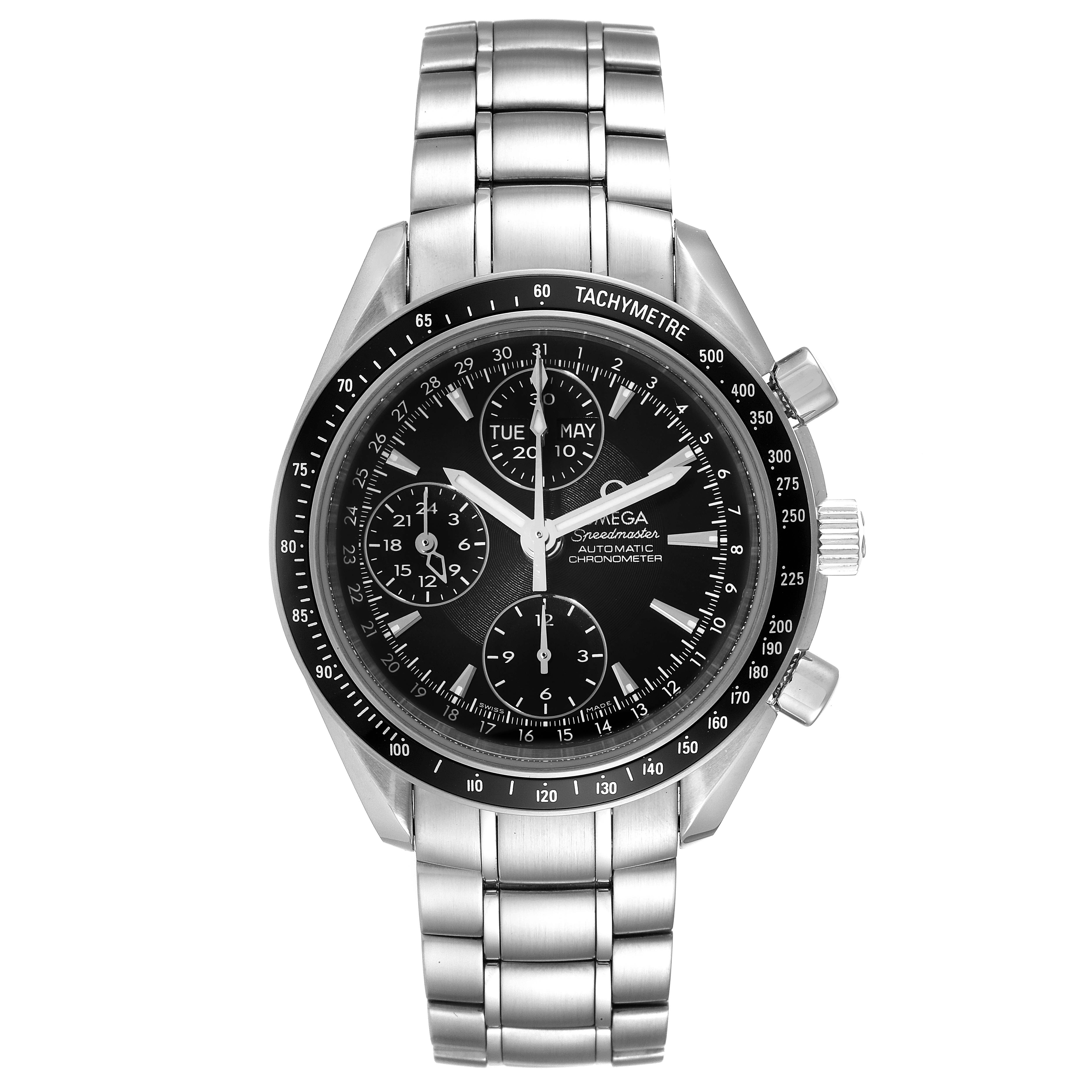 This image shows a frontal view of the Omega Speedmaster 3220.50.00 Men
s Stainless Steel Black Dial 3220.50.00 Men
s Stainless Steel Black Dial watch, displaying the dial, tachymeter bezel, and stainless steel bracelet.