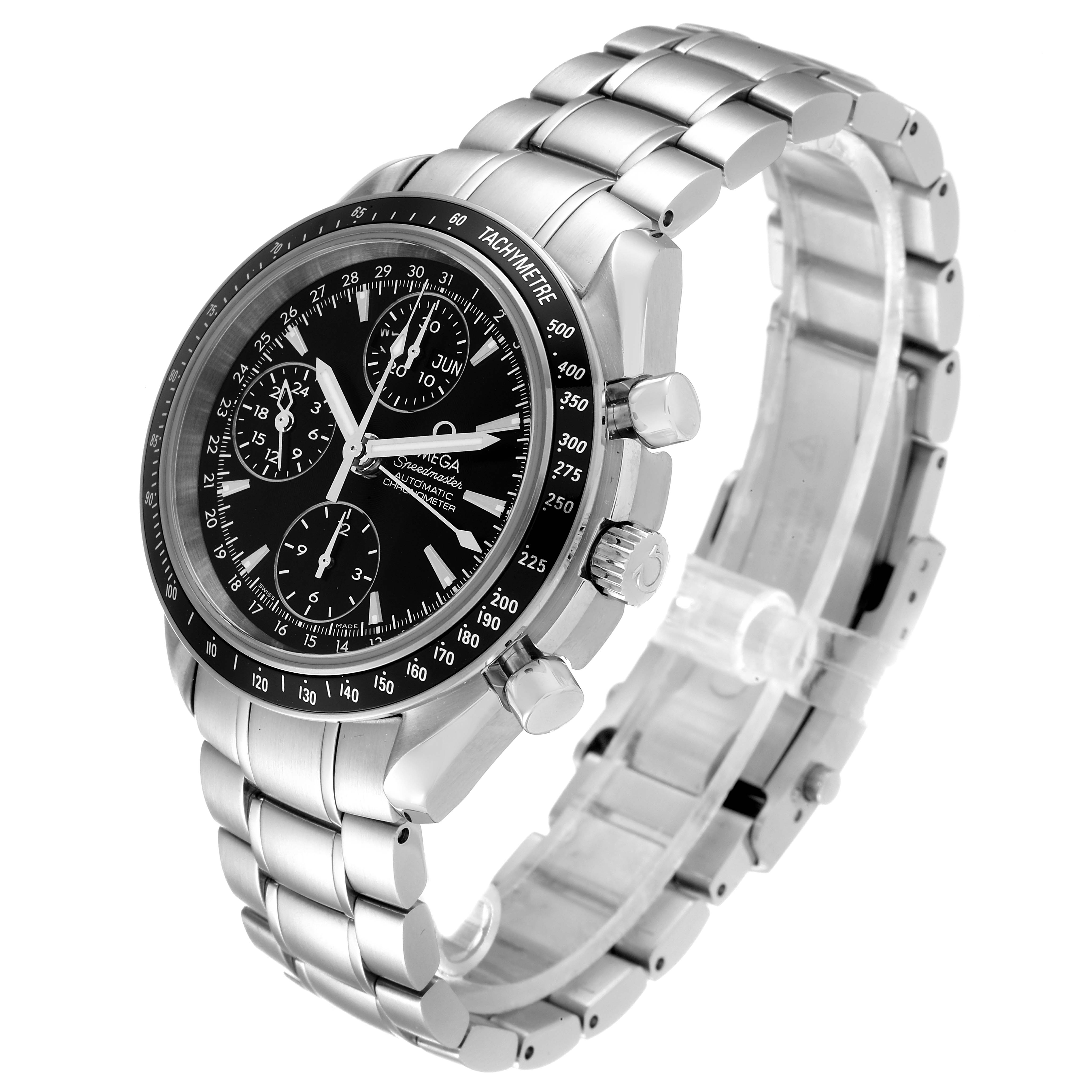 The image shows an Omega Speedmaster 3220.50.00 Men
s Stainless Steel Black Dial 3220.50.00 Men
s Stainless Steel Black Dial watch from a three-quarter angle, highlighting its dial, bezel, crown, and bracelet.
