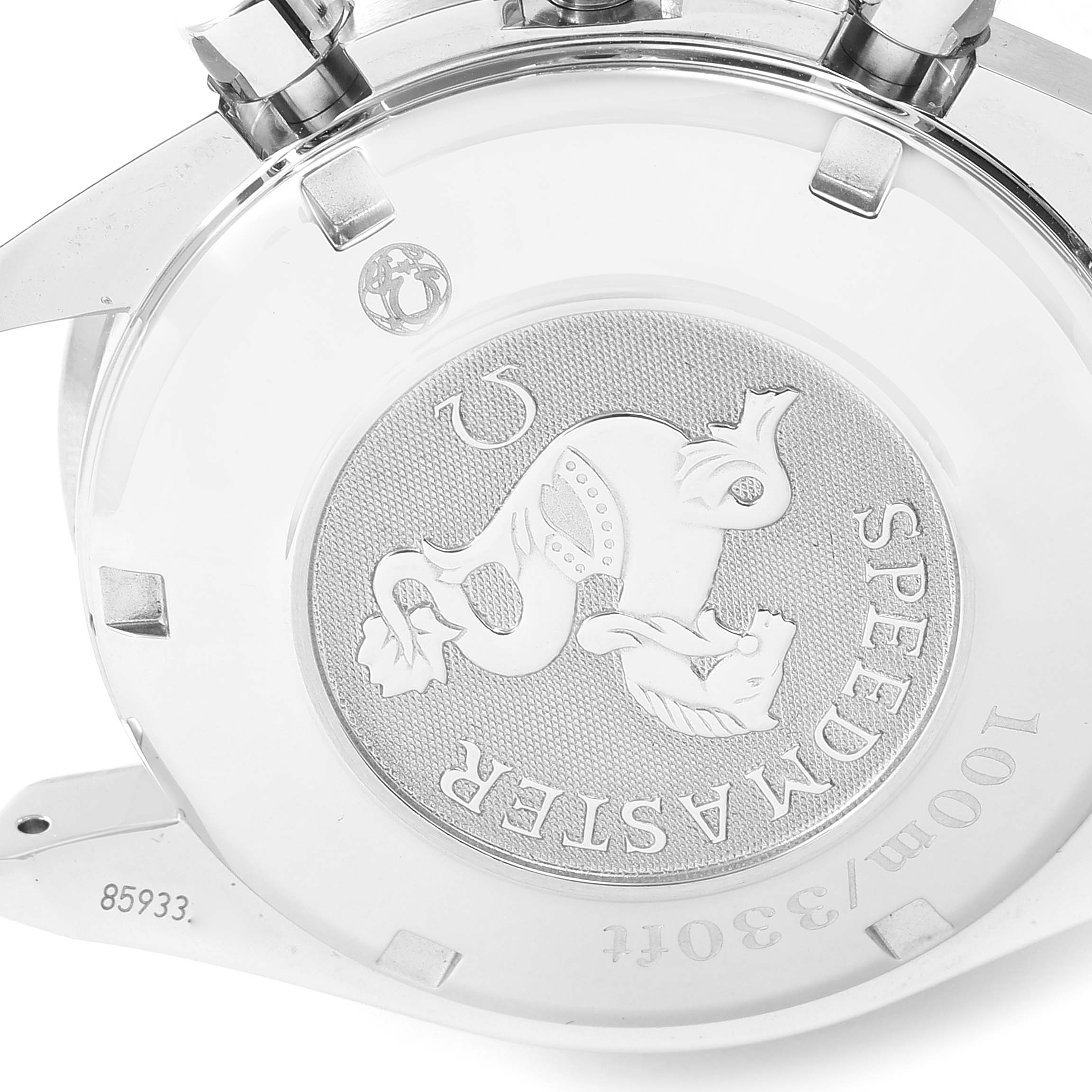 The image shows the case back of an Omega Speedmaster 3220.50.00 Men
s Stainless Steel Black Dial 3220.50.00 Men
s Stainless Steel Black Dial watch, highlighting the engraved logo and model details.