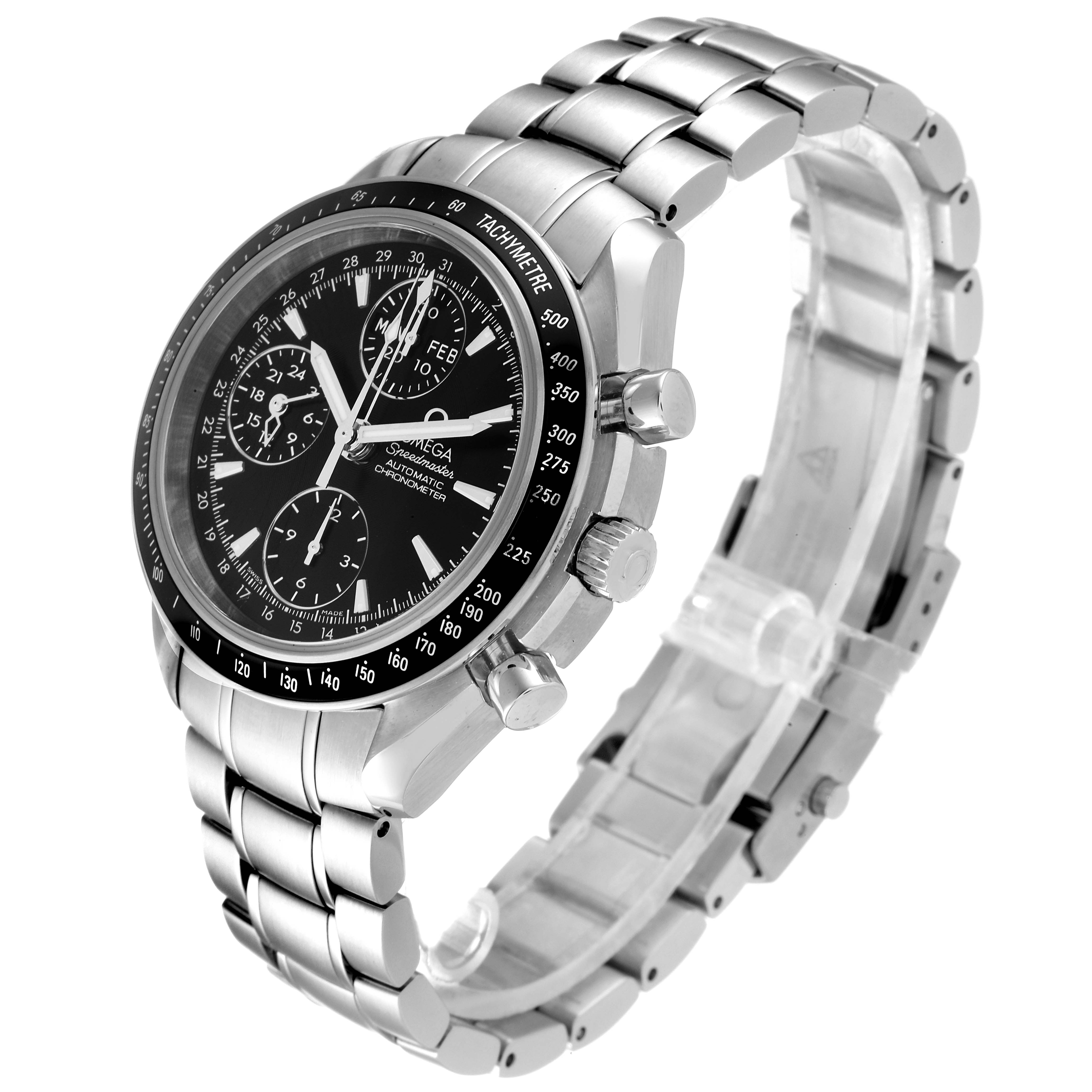 The Omega Speedmaster 3220.50.00 Men
s Stainless Steel Black Dial 3220.50.00 Men
s Stainless Steel Black Dial watch is shown at a three-quarter angle, highlighting the face, bezel, pushers, and stainless steel bracelet.