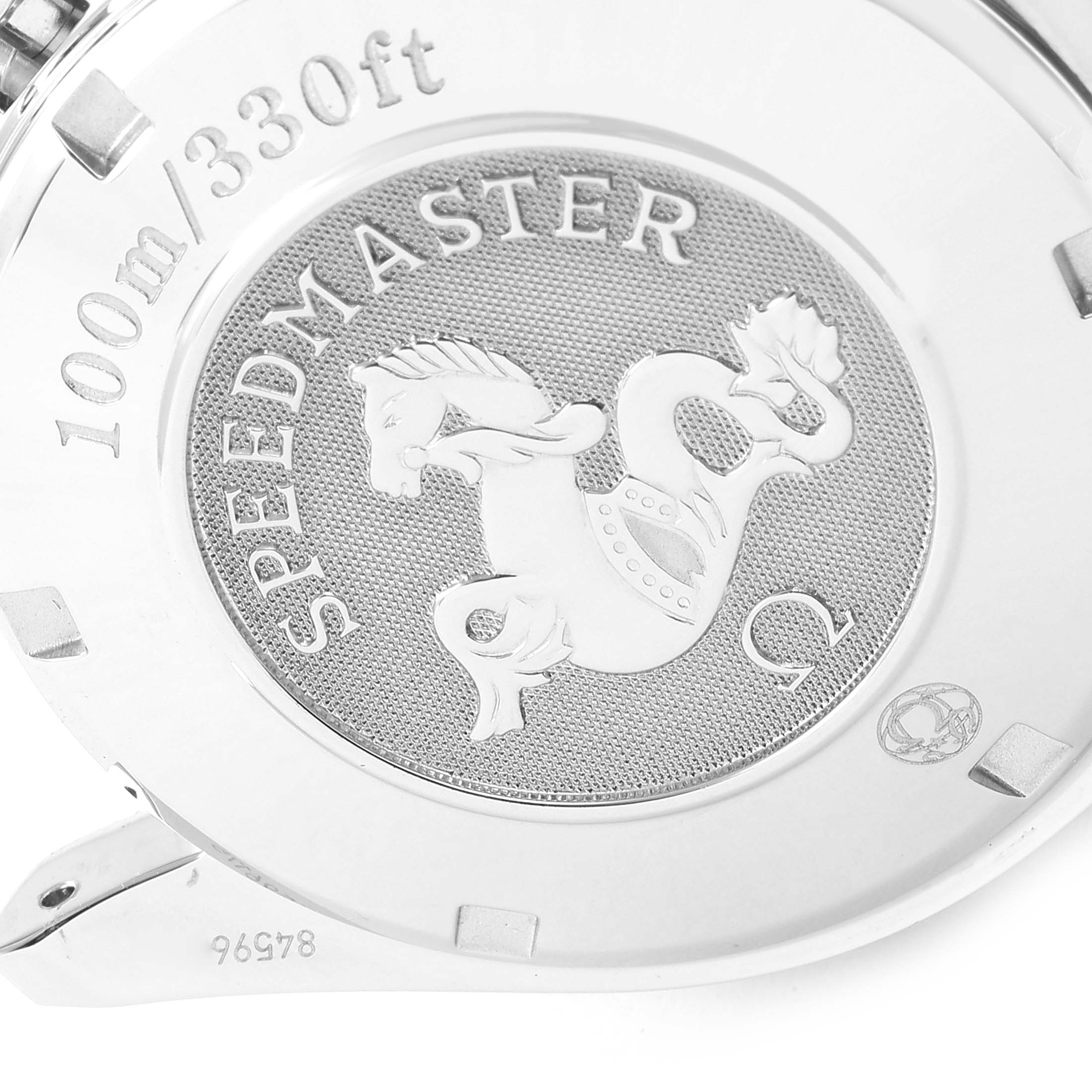 The image shows the case back of an Omega Speedmaster 3220.50.00 Men
s Stainless Steel Black Dial 3220.50.00 Men
s Stainless Steel Black Dial watch, displaying the model name, water resistance, and a seahorse engraving.