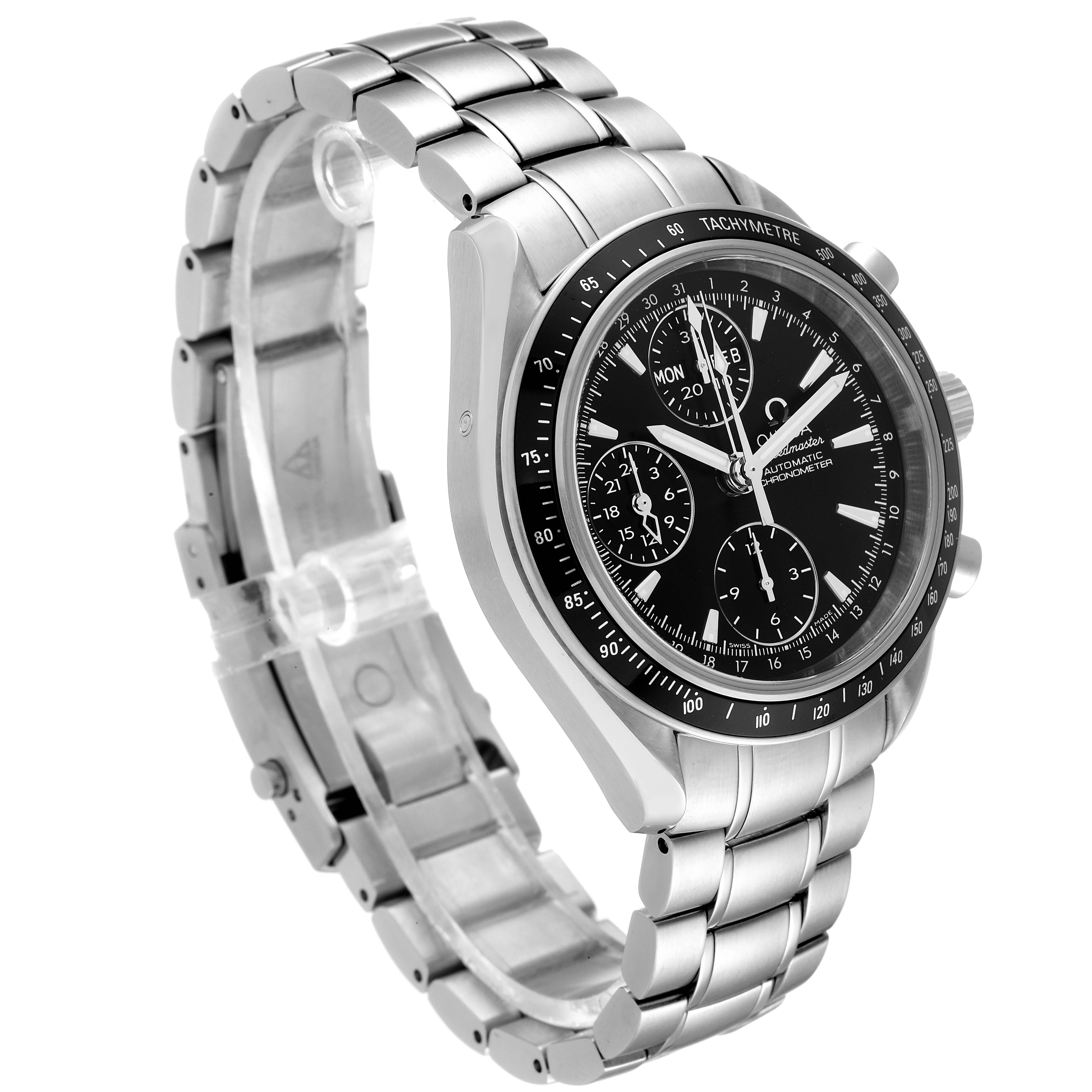 The image shows an Omega Speedmaster 3220.50.00 Men
s Stainless Steel Black Dial 3220.50.00 Men
s Stainless Steel Black Dial watch from a side-angle, featuring its black dial, stainless steel casing, and bracelet.