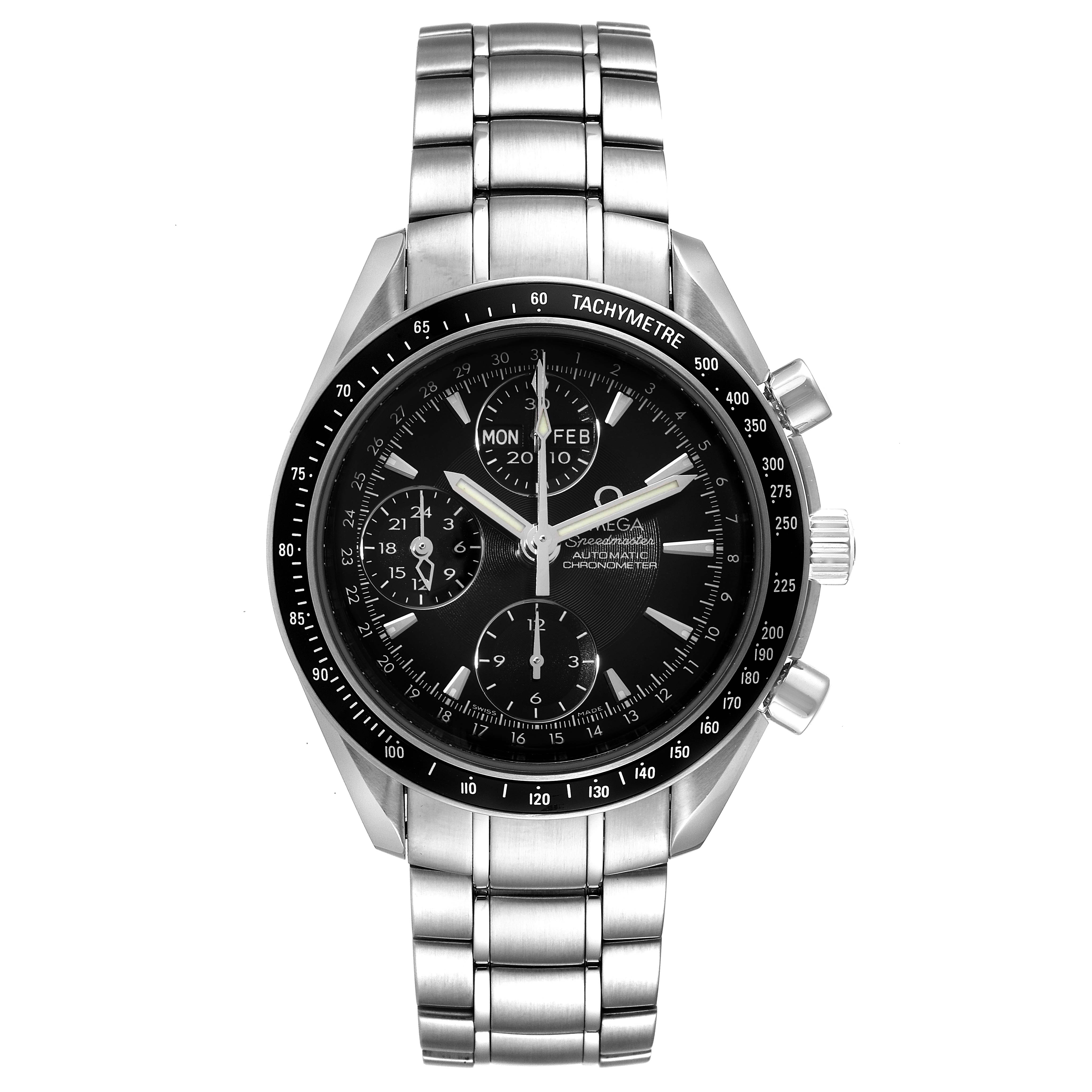 The image shows a front view of the Omega Speedmaster 3220.50.00 Men
s Stainless Steel Black Dial 3220.50.00 Men
s Stainless Steel Black Dial watch with a stainless steel bracelet and black dial.