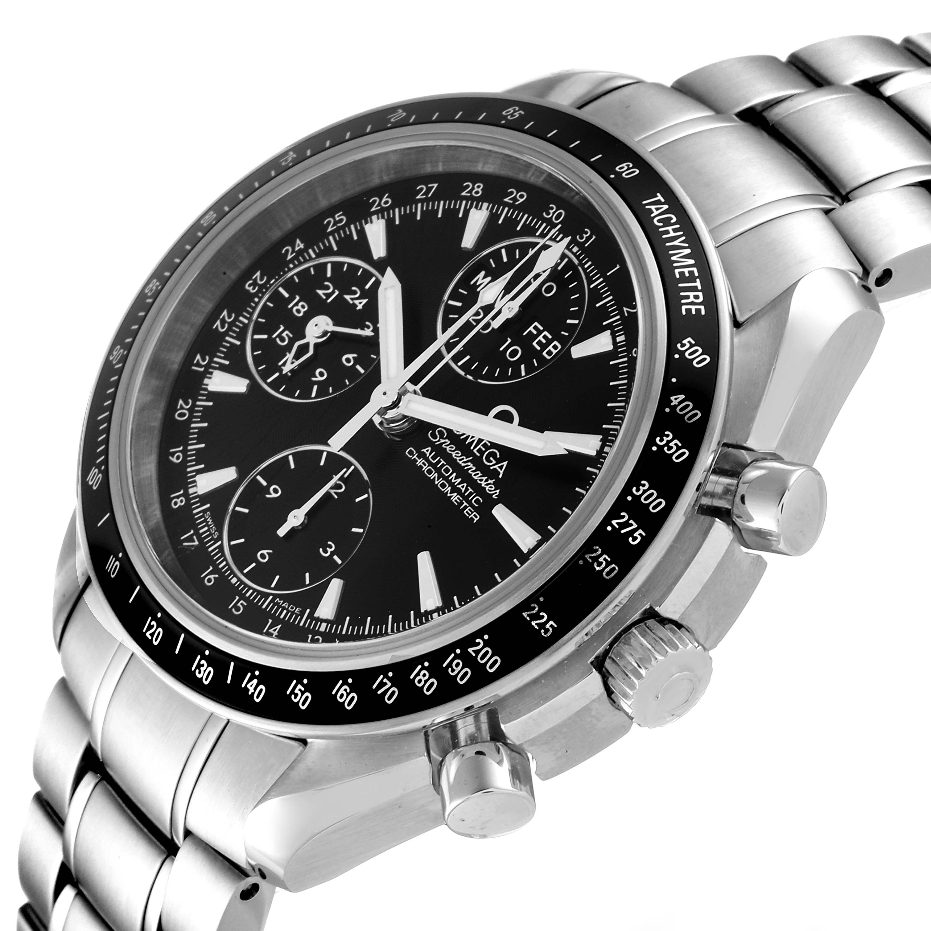 The image shows a side angle of the Omega Speedmaster 3220.50.00 Men
s Stainless Steel Black Dial 3220.50.00 Men
s Stainless Steel Black Dial watch, highlighting the face, sub-dials, bezel, pushers, and metal bracelet.