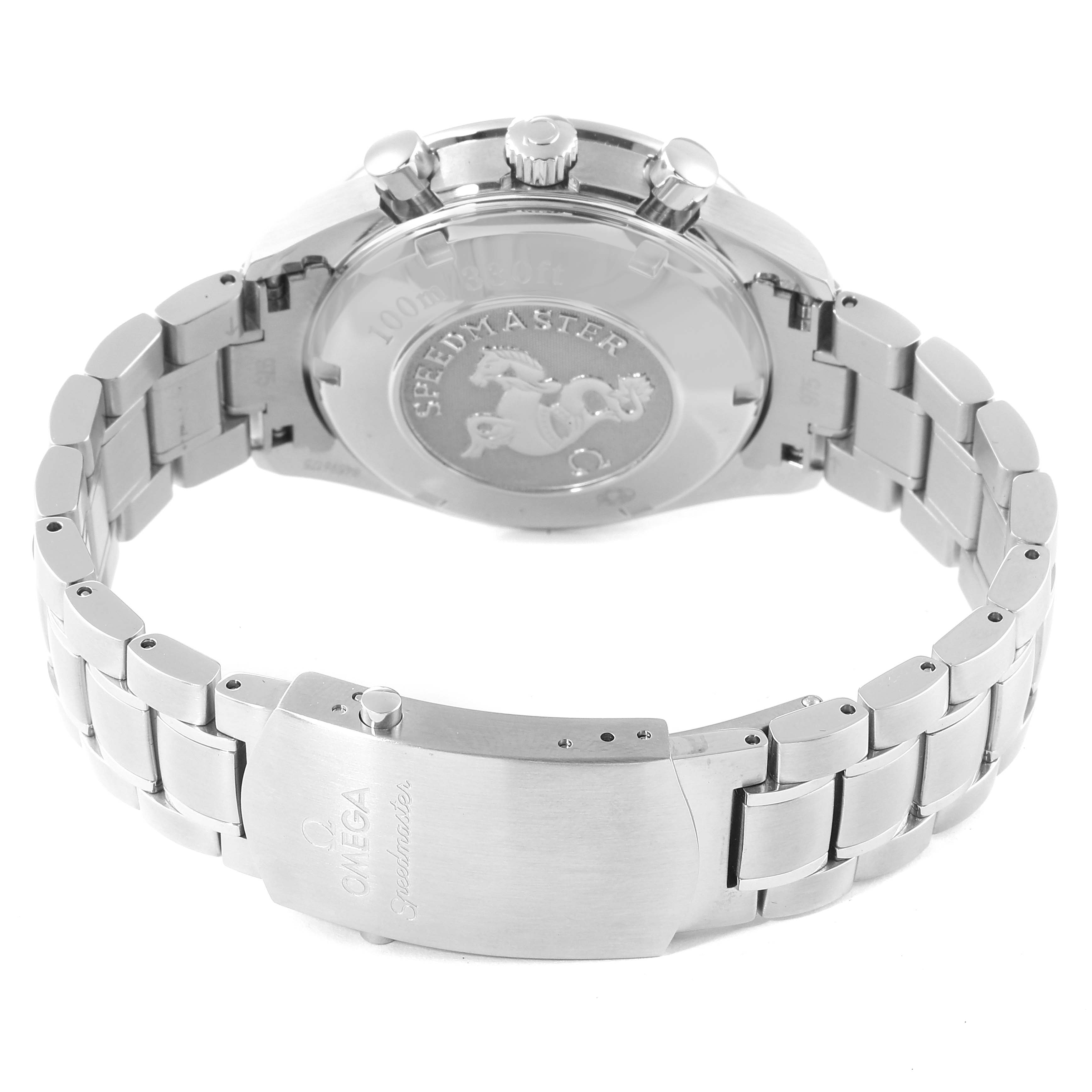 This image shows the back of an Omega Speedmaster 3220.50.00 Men
s Stainless Steel Black Dial 3220.50.00 Men
s Stainless Steel Black Dial, featuring its case back, crown, pushers, and metal bracelet clasp.