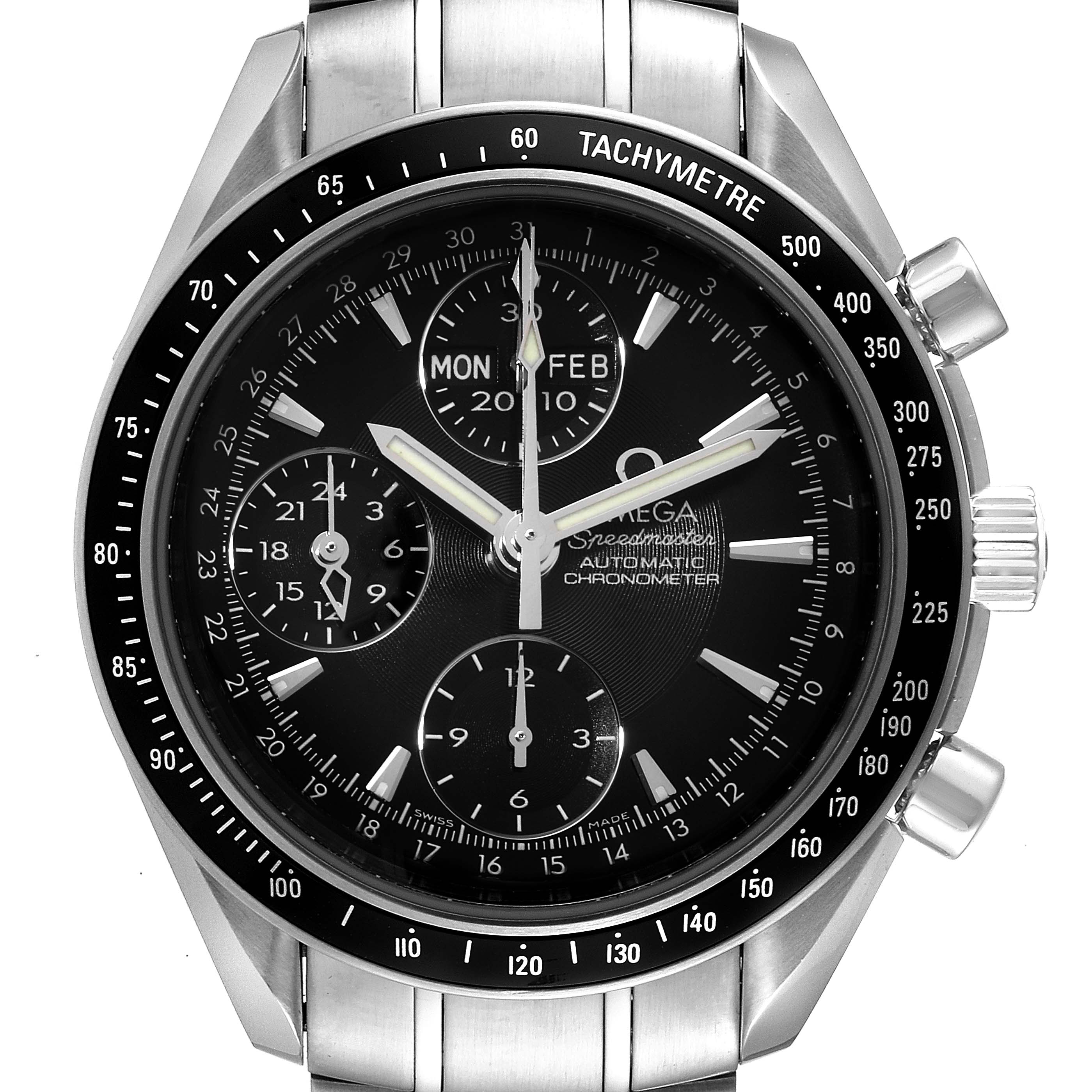 The image shows a frontal view of the Omega Speedmaster 3220.50.00 Men
s Stainless Steel Black Dial 3220.50.00 Men
s Stainless Steel Black Dial watch, highlighting its dial, bezel, and chronograph functions.
