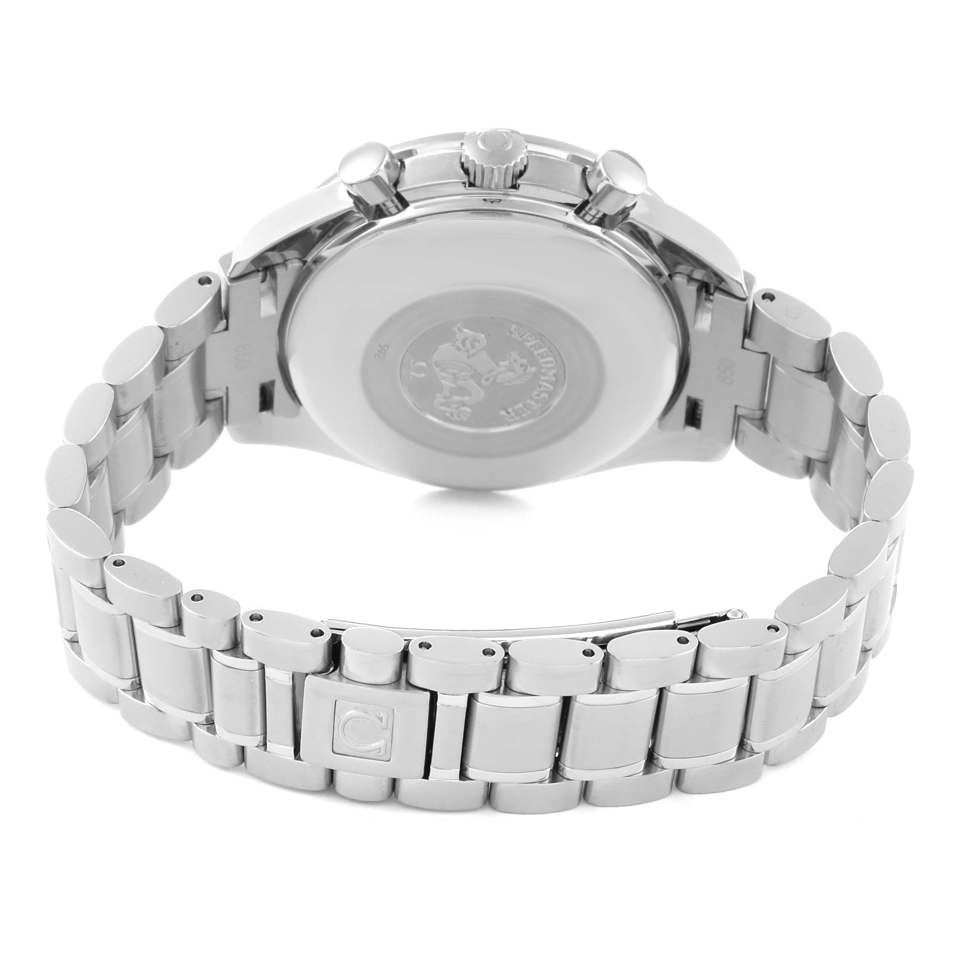The image shows the back case and metal bracelet of an Omega Speedmaster 3523.30.00 Men's Stainless Steel Silver Dial 3523.30.00 Men's Stainless Steel Silver Dial watch at a rear angle.