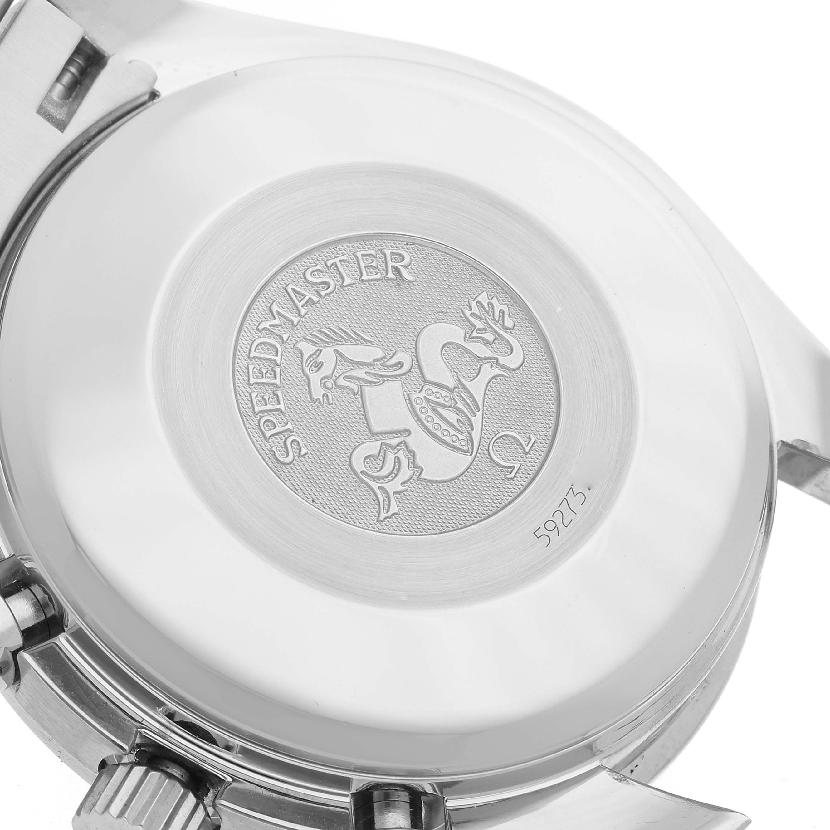 The image shows the case back of an Omega Speedmaster 3523.30.00 Men's Stainless Steel Silver Dial 3523.30.00 Men's Stainless Steel Silver Dial watch, highlighting the engraved logo and serial number.