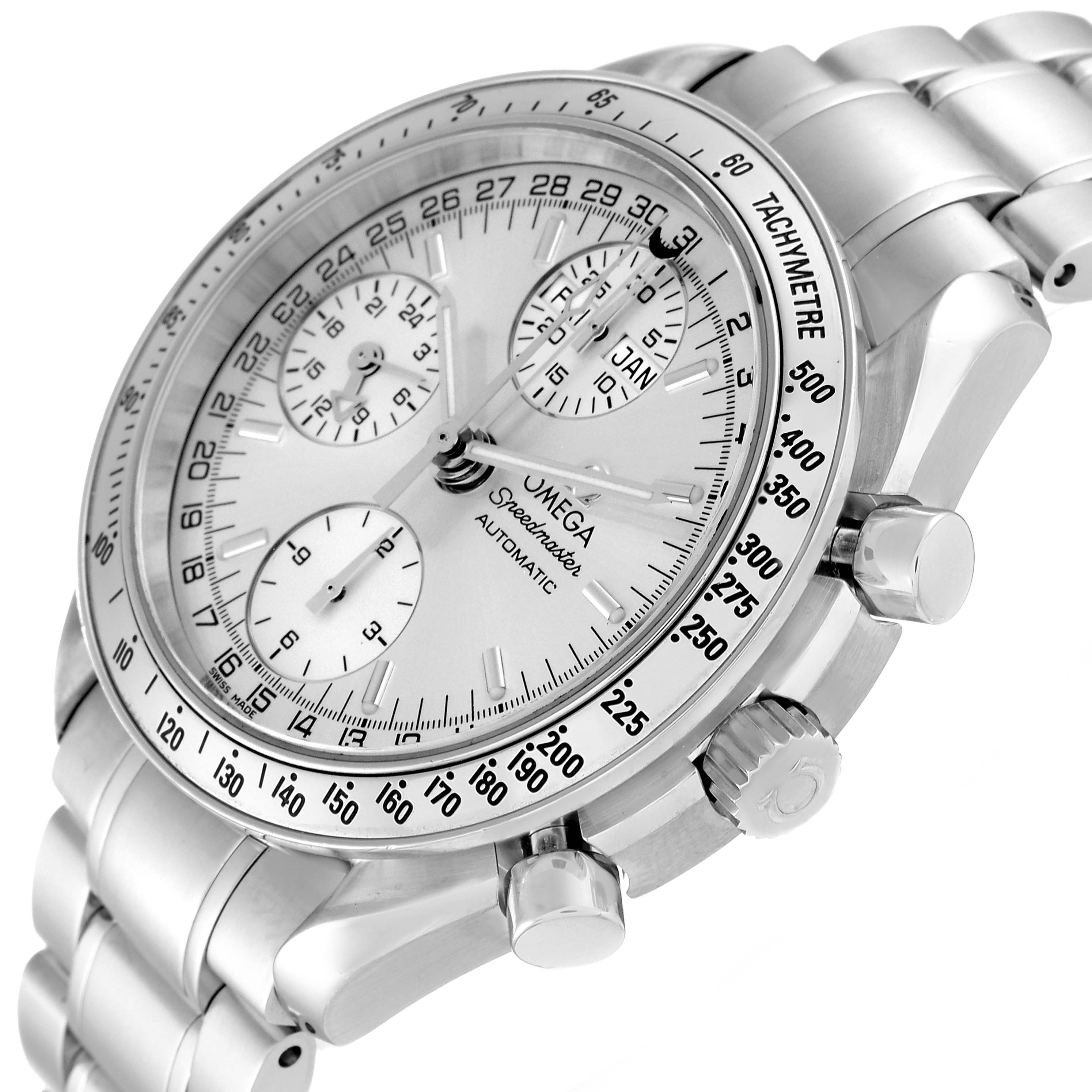 The Omega Speedmaster 3523.30.00 Men's Stainless Steel Silver Dial 3523.30.00 Men's Stainless Steel Silver Dial watch is shown at an angled close-up, displaying the dial, bezel, strap, and side pushers/crown.