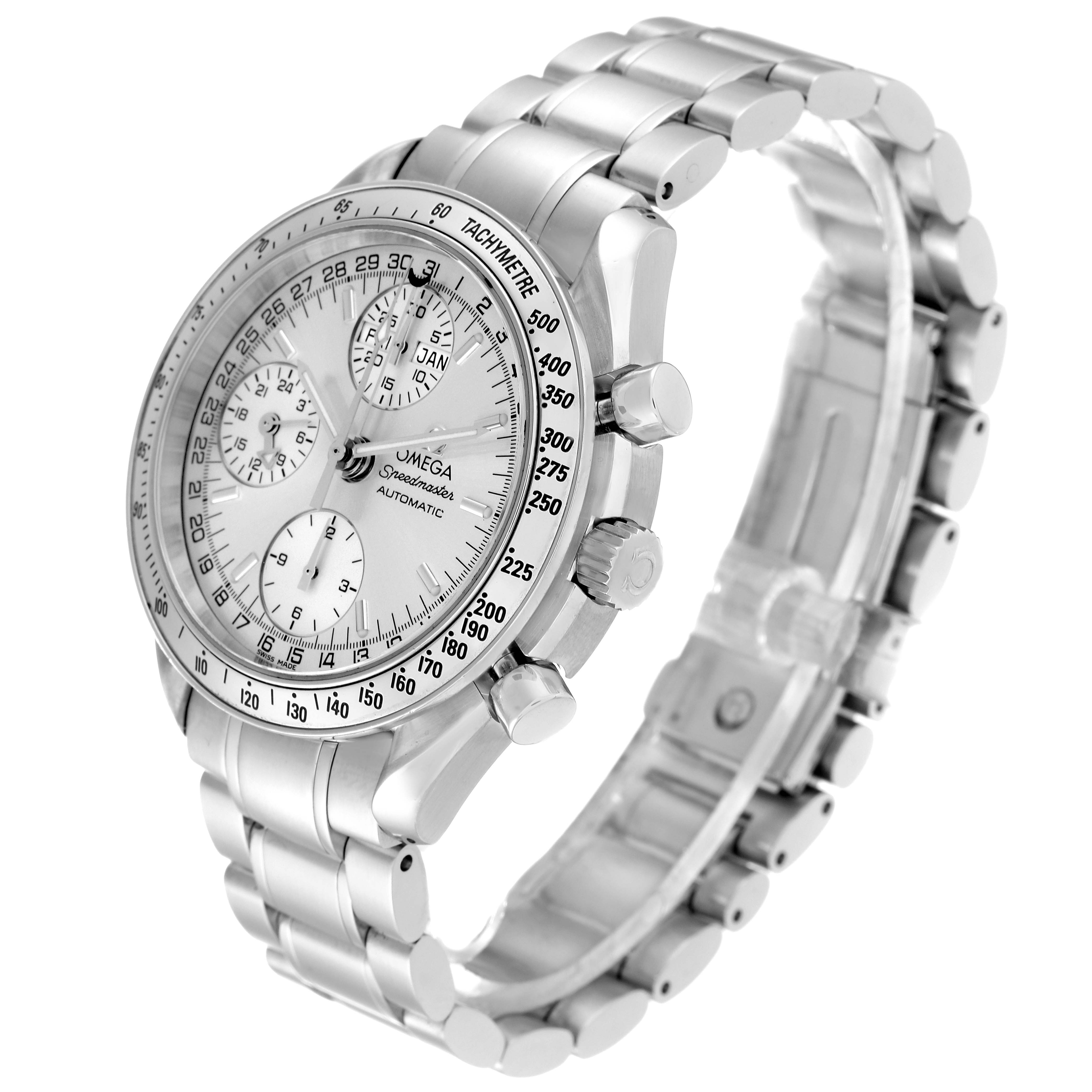 The Omega Speedmaster 3523.30.00 Men's Stainless Steel Silver Dial 3523.30.00 Men's Stainless Steel Silver Dial watch is shown at a three-quarter angle, displaying its face, crown, pushers, and metal bracelet.