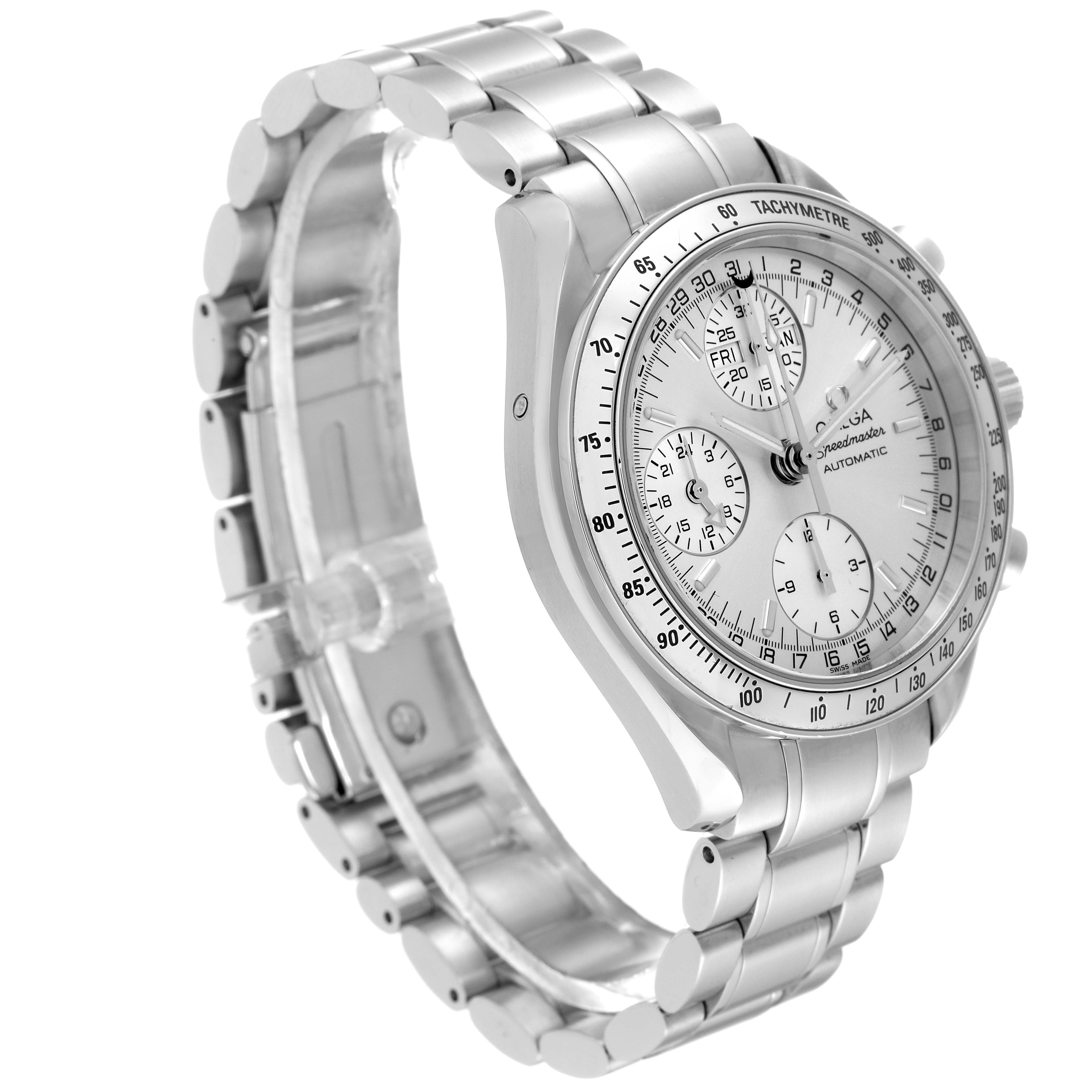 The image shows a side angle of the Omega Speedmaster 3523.30.00 Men's Stainless Steel Silver Dial 3523.30.00 Men's Stainless Steel Silver Dial watch, highlighting its dial, subdials, and metal bracelet.