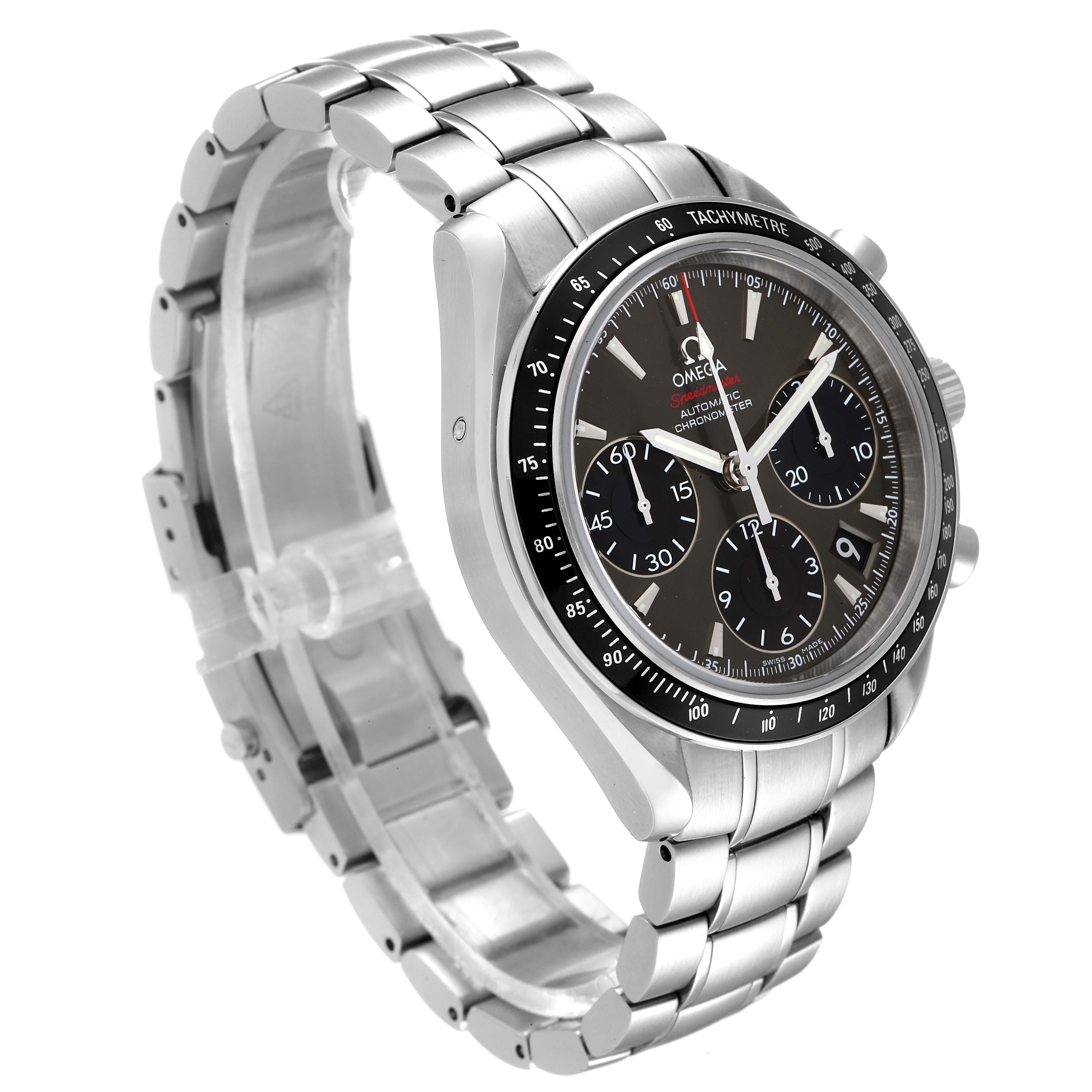 The Omega Speedmaster 323.30.40.40.06.001 Men's Stainless Steel Grey Dial 323.30.40.40.06.001 Men's Stainless Steel Grey Dial watch is shown at a three-quarter angle, displaying its face, bezel, crown, and bracelet.