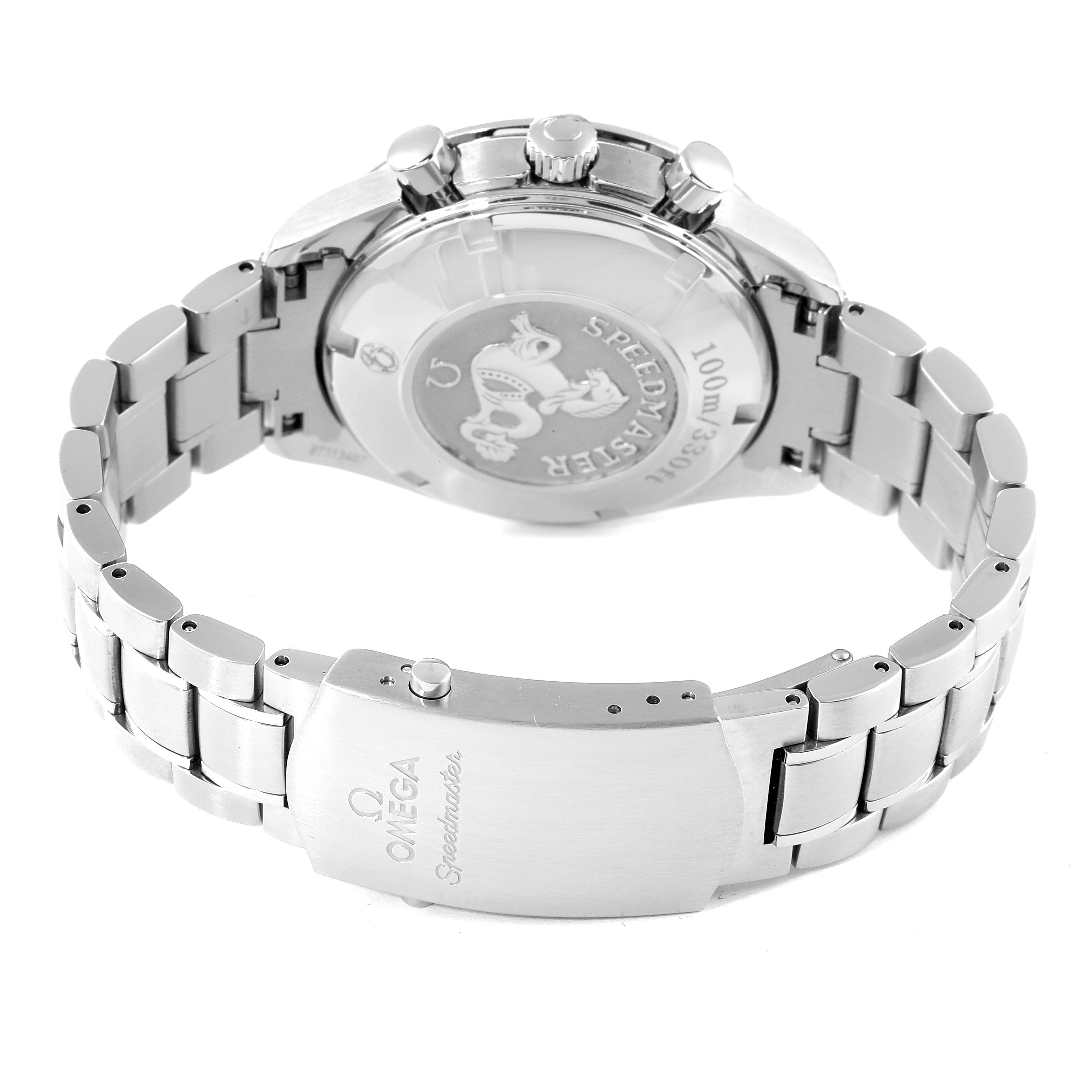 The image shows the back and clasp of an Omega Speedmaster 323.30.40.40.06.001 Men's Stainless Steel Grey Dial 323.30.40.40.06.001 Men's Stainless Steel Grey Dial watch at an angle highlighting the bracelet and case back.