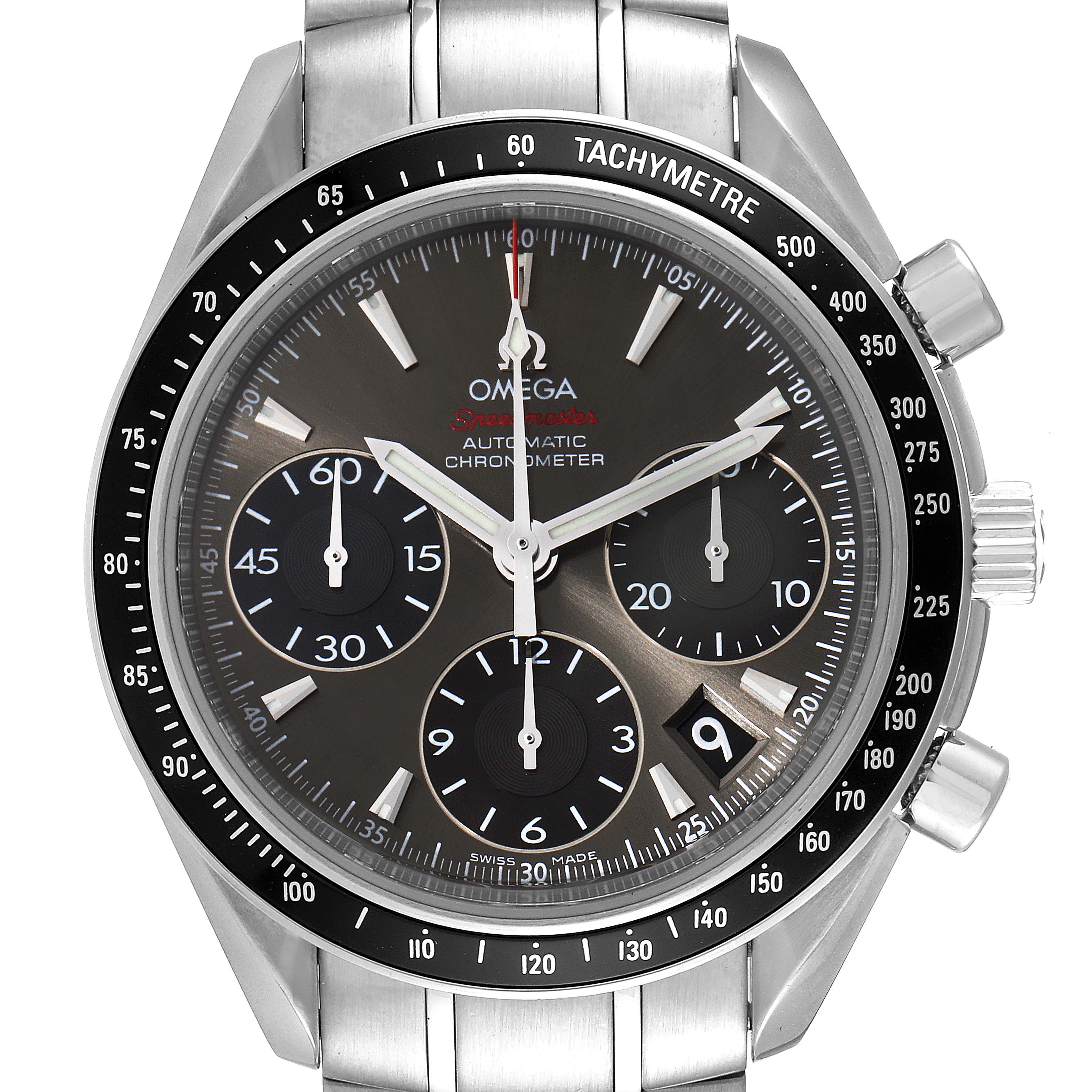 The image shows a frontal view of an Omega Speedmaster 323.30.40.40.06.001 Men's Stainless Steel Grey Dial 323.30.40.40.06.001 Men's Stainless Steel Grey Dial watch featuring its face, chronograph subdials, and tachymeter bezel.