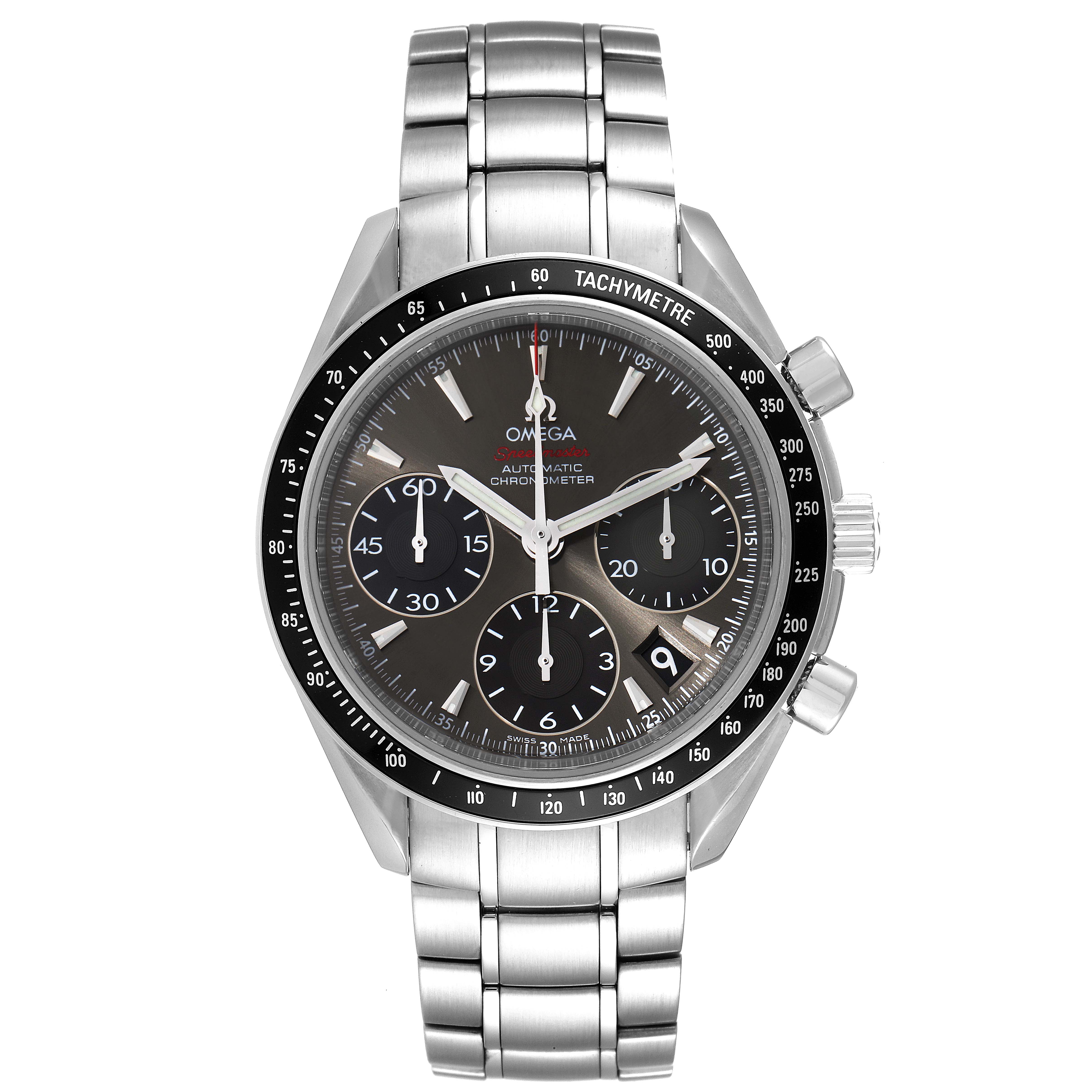 The Omega Speedmaster 323.30.40.40.06.001 Men's Stainless Steel Grey Dial 323.30.40.40.06.001 Men's Stainless Steel Grey Dial watch is shown from a front angle, highlighting the dial, bezel, and bracelet.