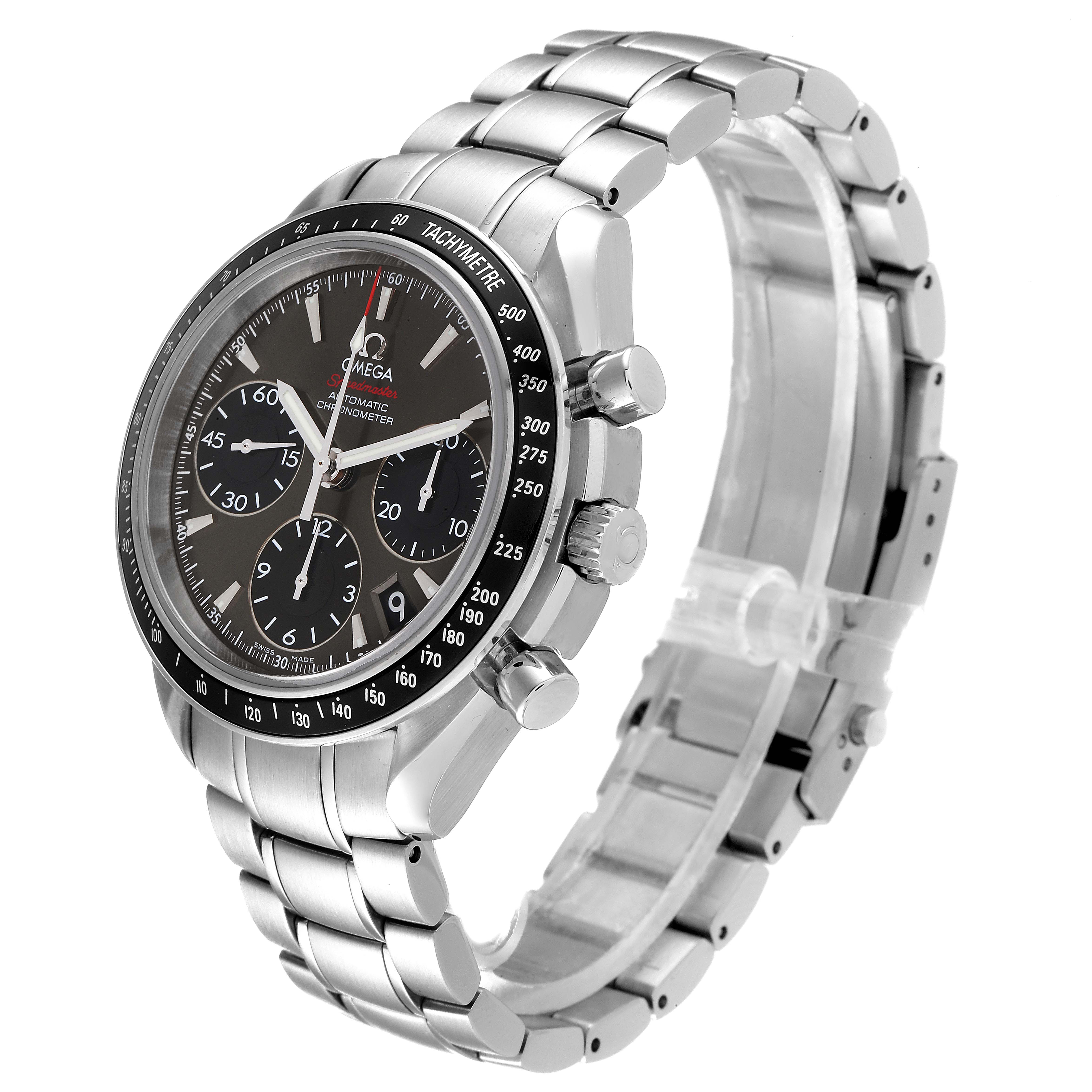 The image shows a 3/4 angle of an Omega Speedmaster 323.30.40.40.06.001 Men's Stainless Steel Grey Dial 323.30.40.40.06.001 Men's Stainless Steel Grey Dial watch with a stainless steel bracelet and visible chronograph buttons.