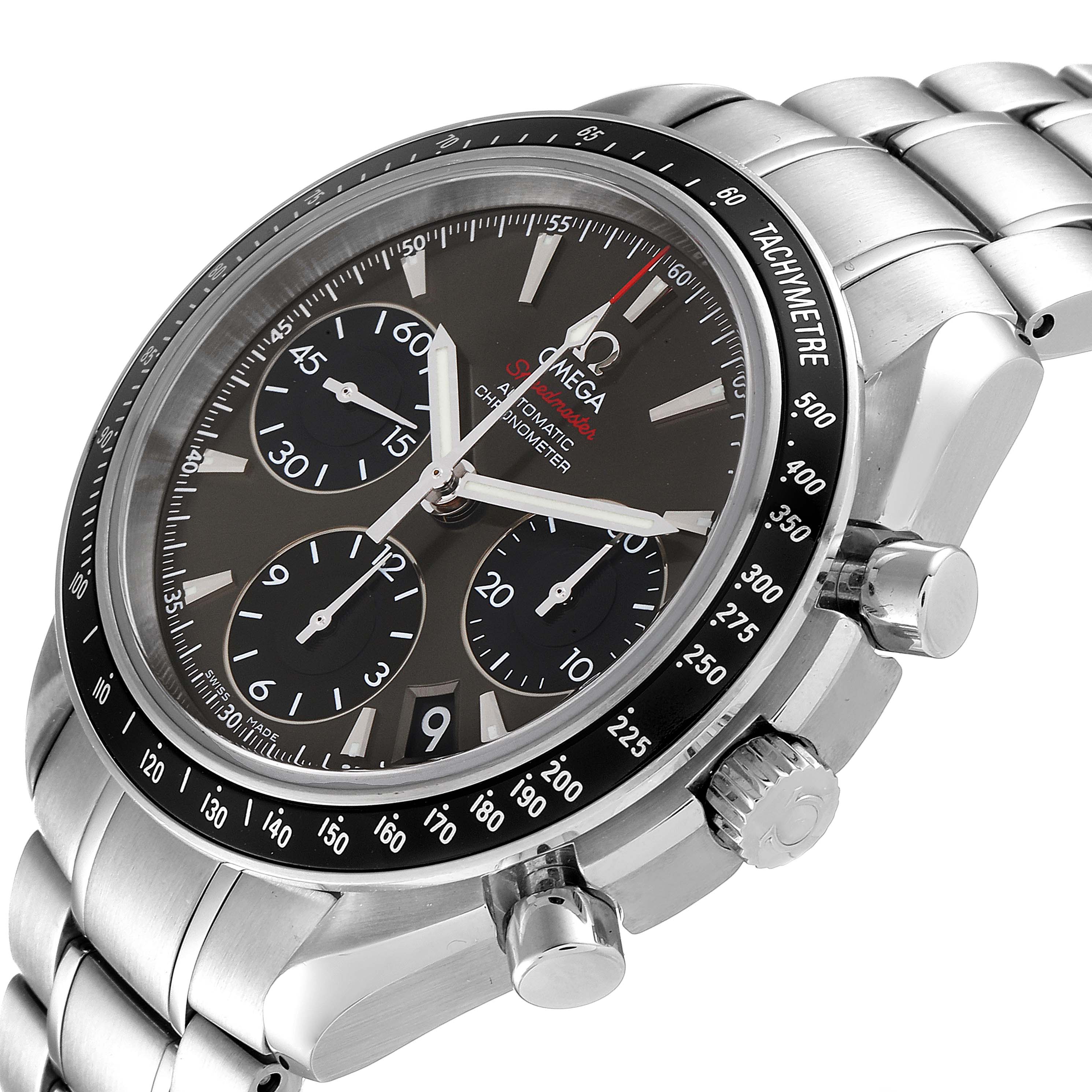 The image shows an angled close-up view of the Omega Speedmaster 323.30.40.40.06.001 Men's Stainless Steel Grey Dial 323.30.40.40.06.001 Men's Stainless Steel Grey Dial watch, highlighting its dial, bezel, and part of the bracelet.