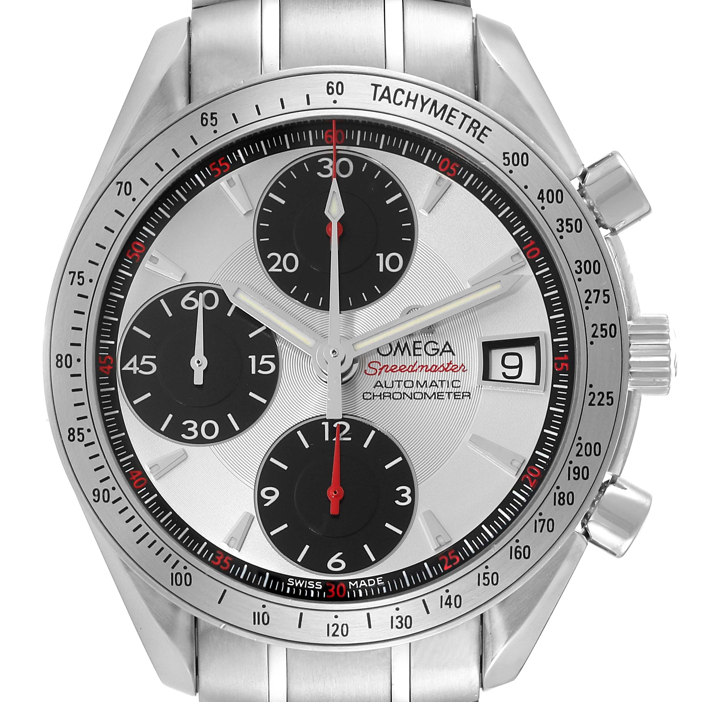This image shows a close-up of the Omega Speedmaster 3211.31.00 Men
s Stainless Steel Silver Dial 3211.31.00 Men
s Stainless Steel Silver Dial watch face, highlighting the chronograph dials and tachymeter scale.