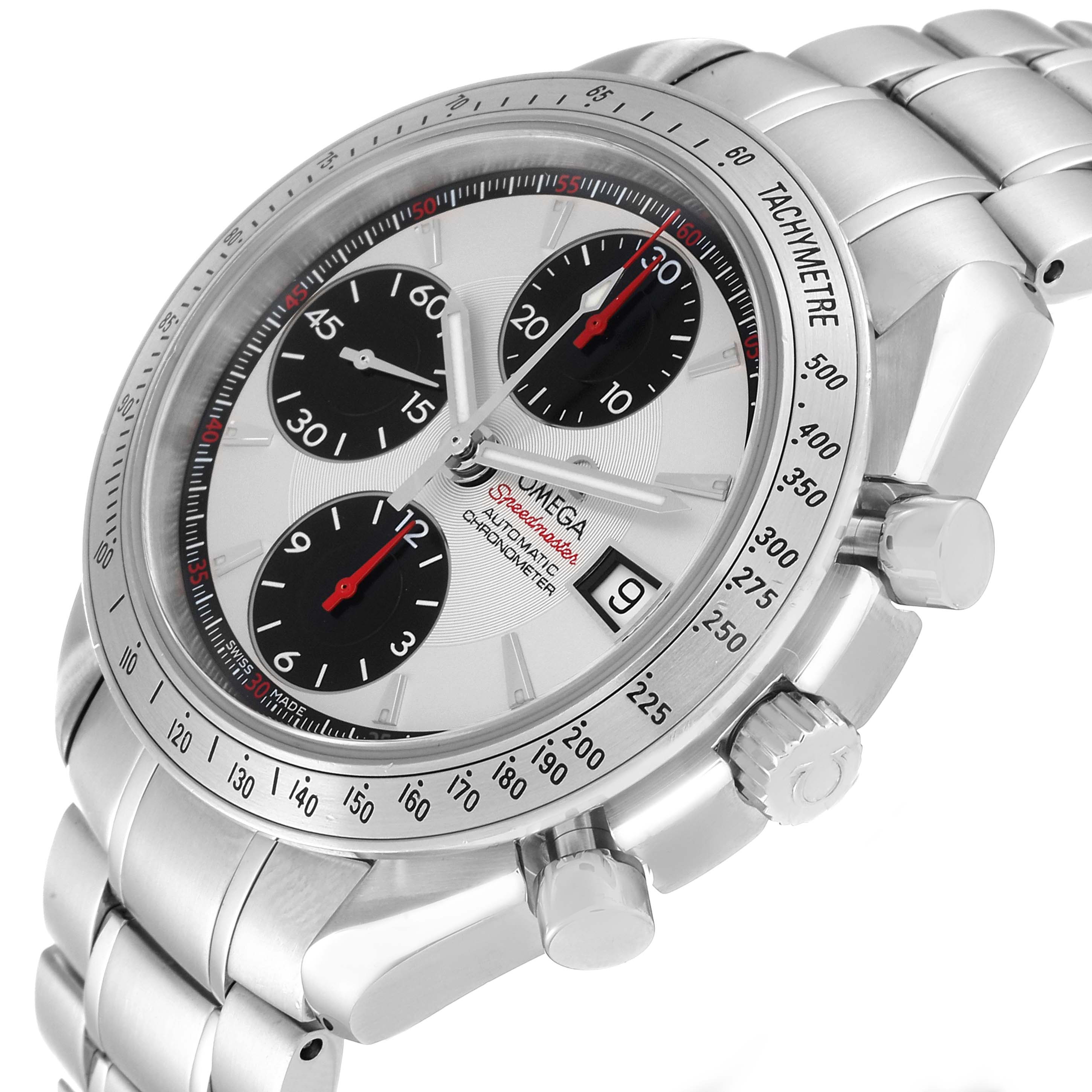 The image shows an angled view of an Omega Speedmaster 3211.31.00 Men
s Stainless Steel Silver Dial 3211.31.00 Men
s Stainless Steel Silver Dial
s face, buttons, crown, bezel, and bracelet.