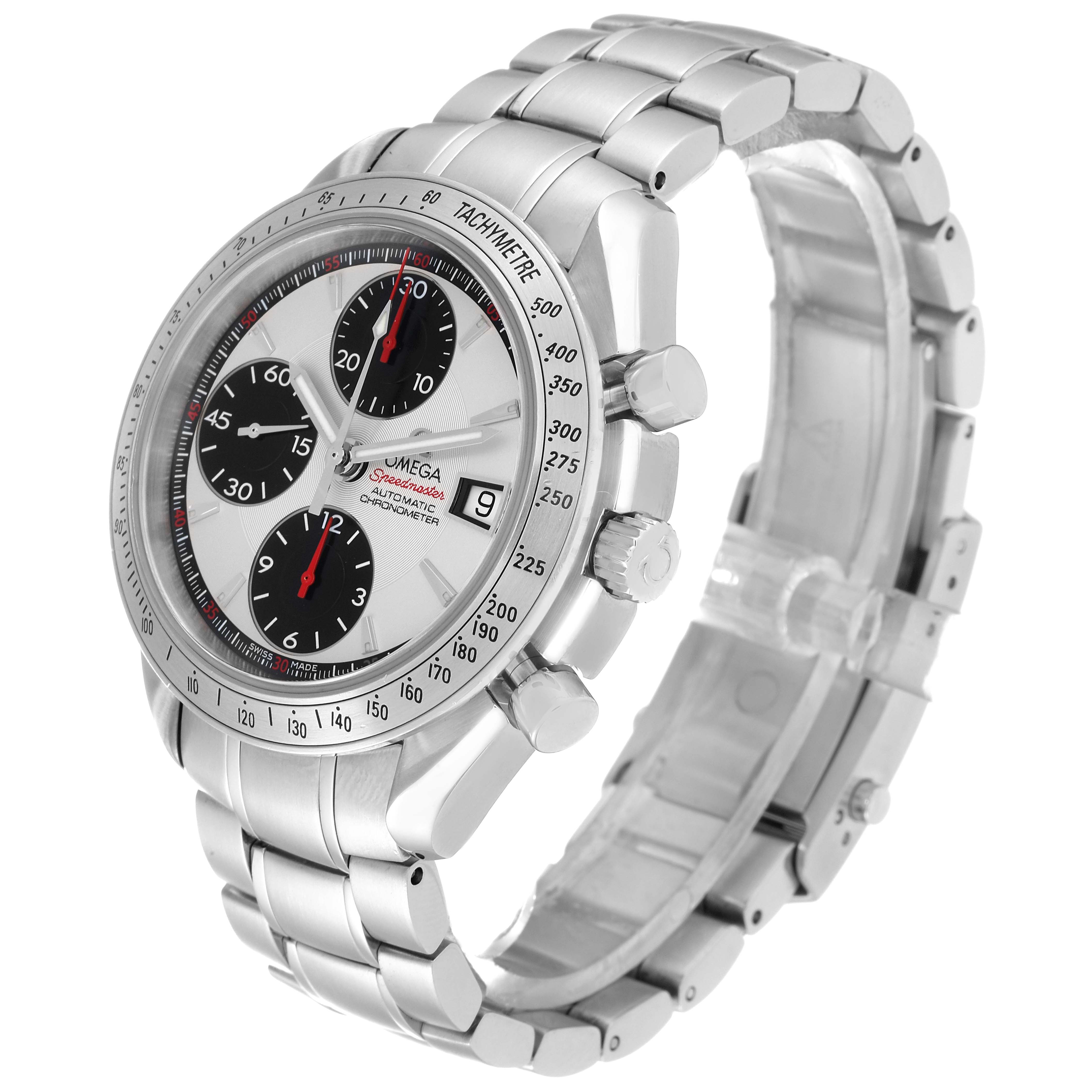 The image shows the Omega Speedmaster 3211.31.00 Men
s Stainless Steel Silver Dial 3211.31.00 Men
s Stainless Steel Silver Dial watch from a three-quarter side angle, highlighting its face, crown, pushers, and bracelet.