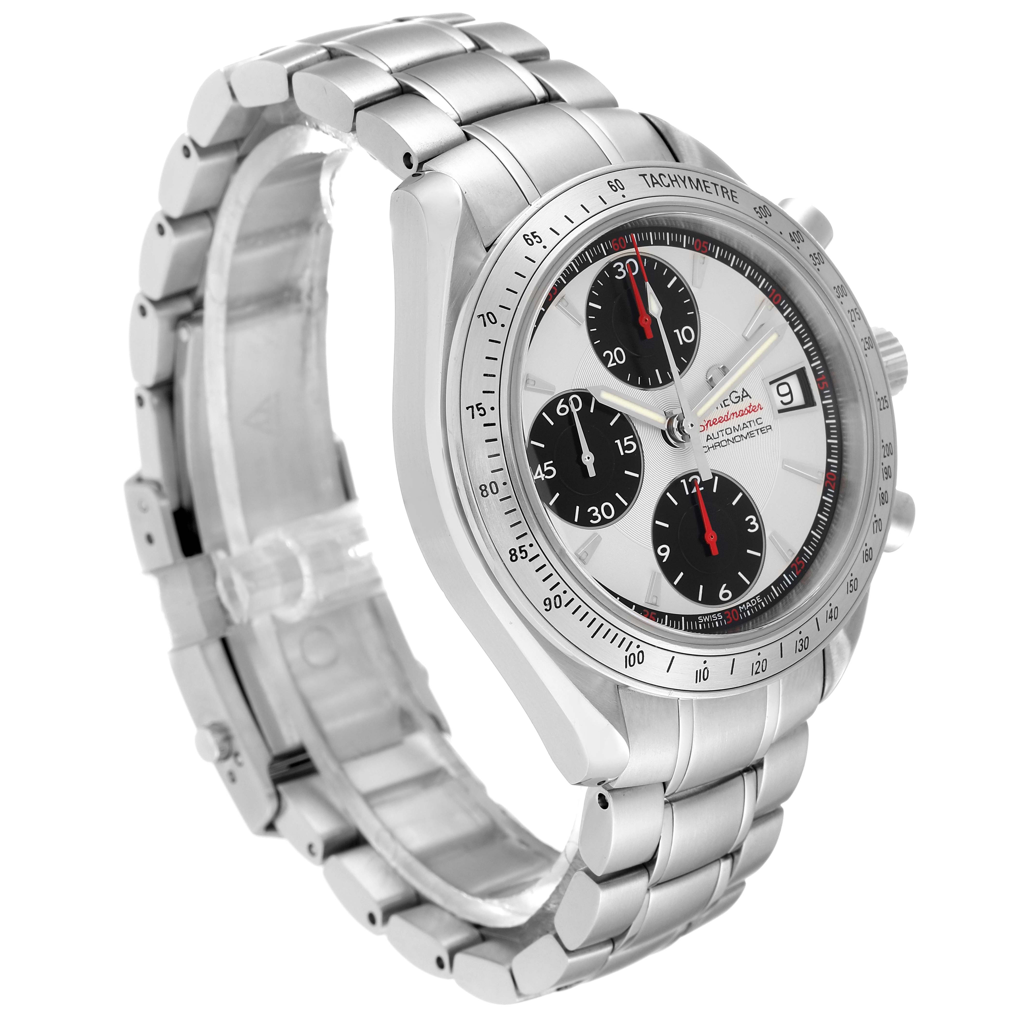 The Omega Speedmaster 3211.31.00 Men
s Stainless Steel Silver Dial 3211.31.00 Men
s Stainless Steel Silver Dial watch is shown at a 3/4 angle, displaying its dial, tachymeter bezel, and metal bracelet.