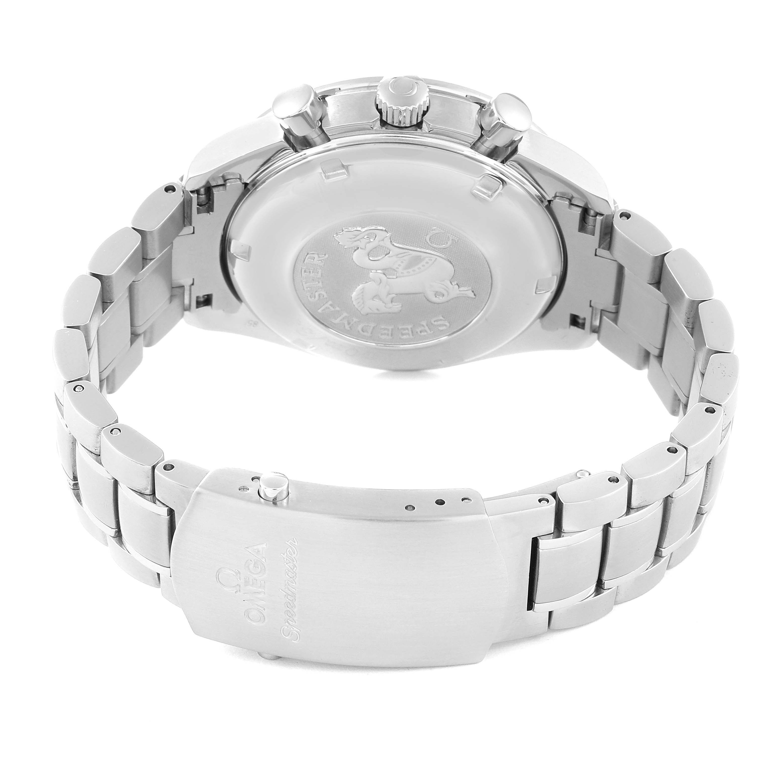 The image shows the back case and bracelet clasp of an Omega Speedmaster 3211.31.00 Men
s Stainless Steel Silver Dial 3211.31.00 Men
s Stainless Steel Silver Dial watch, with the Omega logo and Speedmaster engraving visible.