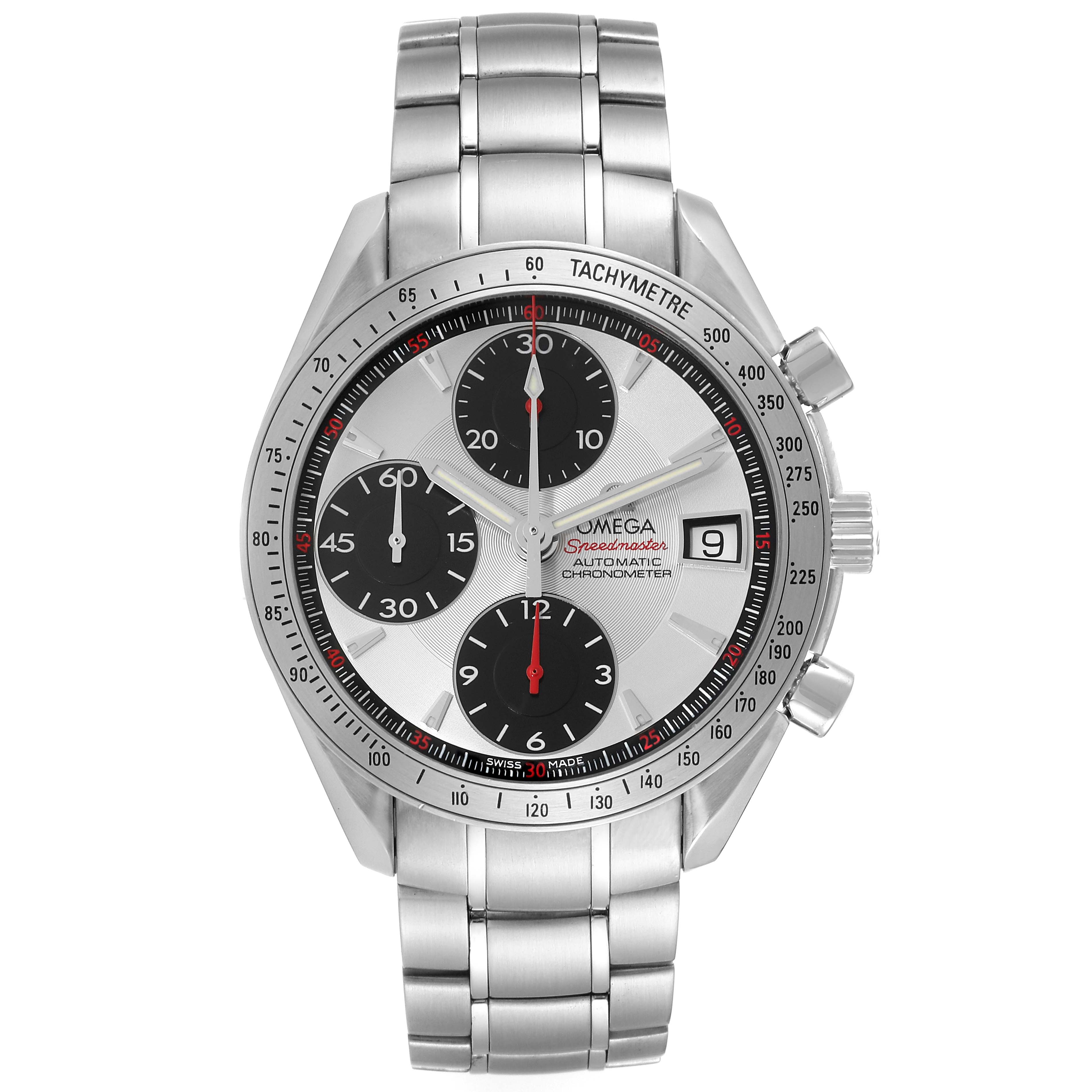 The Omega Speedmaster 3211.31.00 Men
s Stainless Steel Silver Dial 3211.31.00 Men
s Stainless Steel Silver Dial watch is shown from the front, displaying the face, bezel, crown, and metal bracelet.