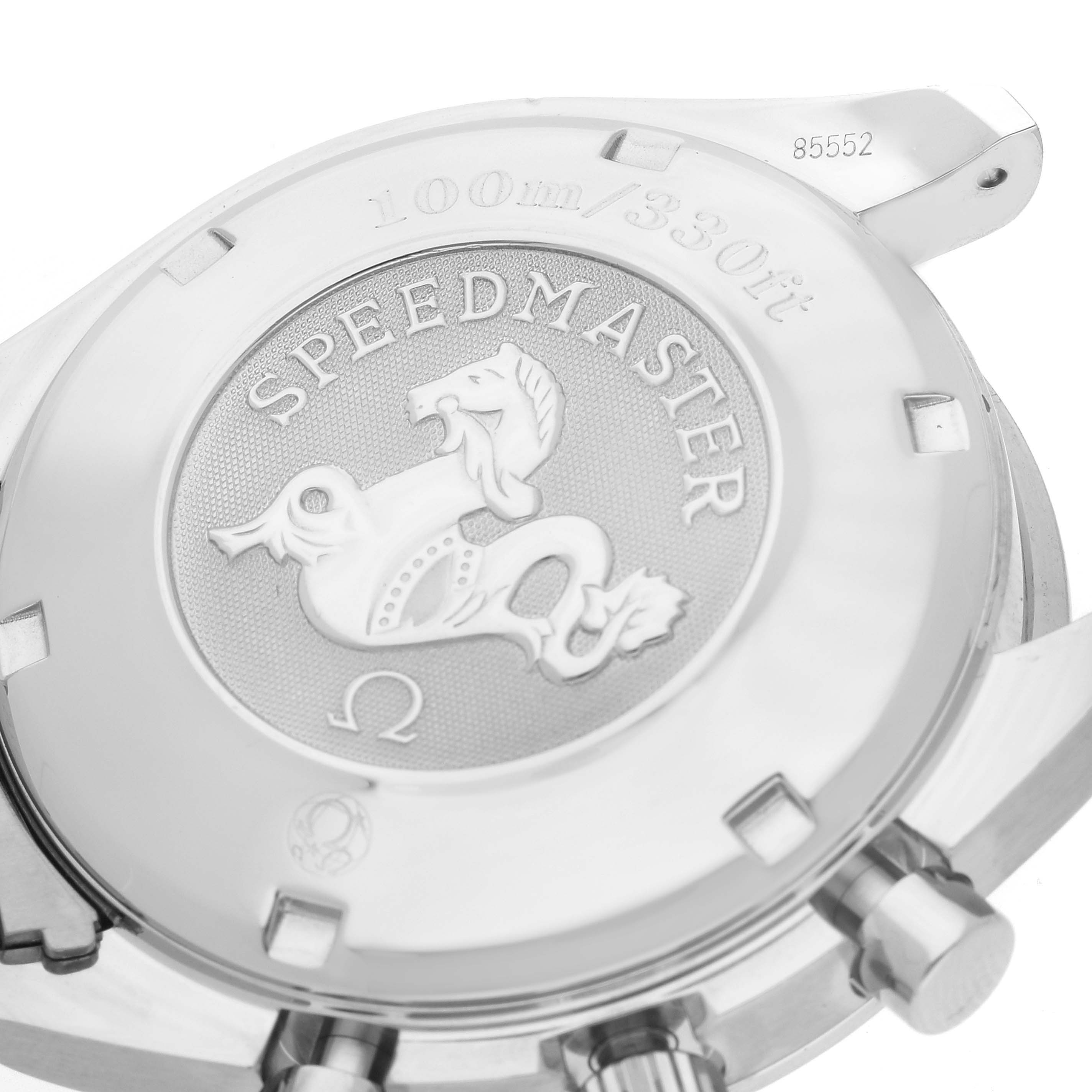The image shows the case back of an Omega Speedmaster 3211.31.00 Men
s Stainless Steel Silver Dial 3211.31.00 Men
s Stainless Steel Silver Dial watch, viewed at an angle, featuring the Speedmaster logo and water resistance rating.