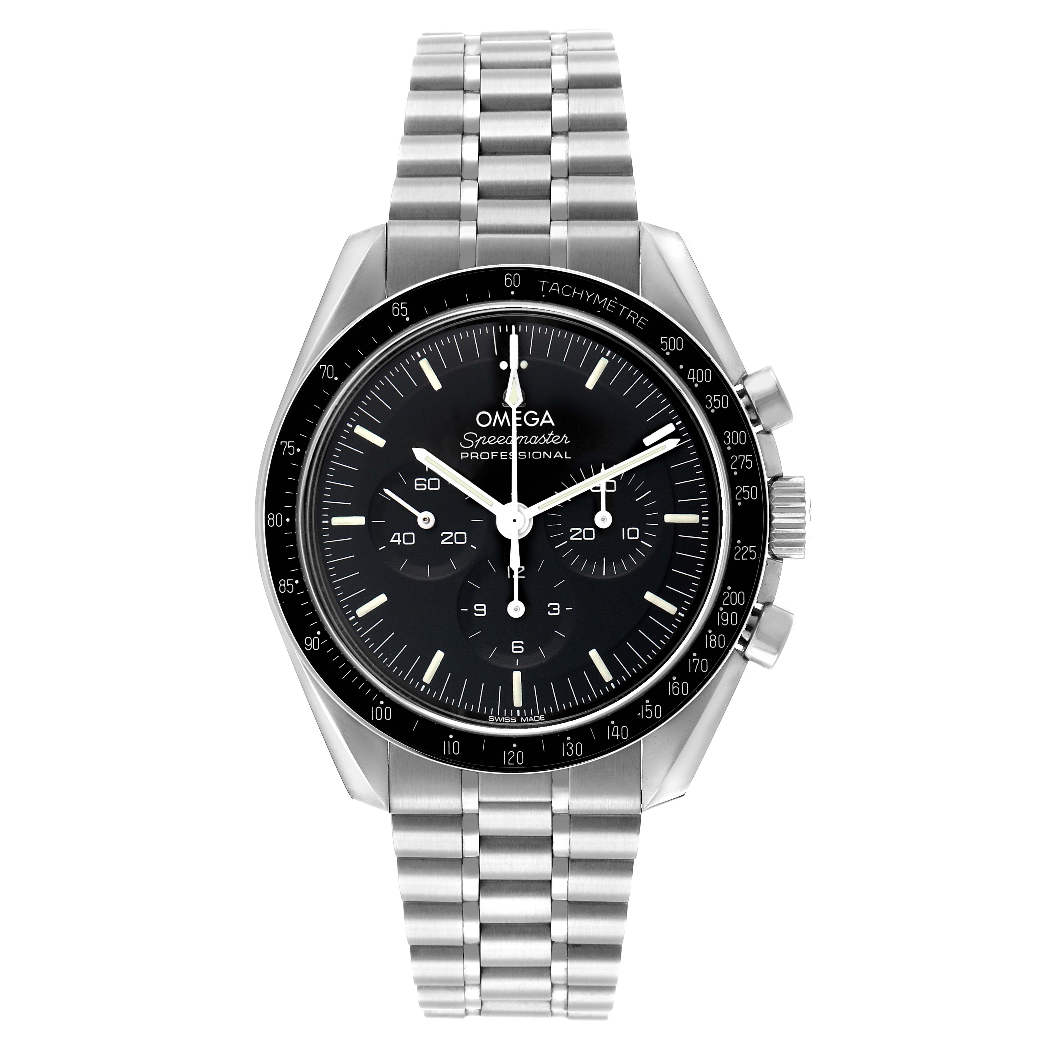 The Omega Speedmaster 310.30.42.50.01.002 Men's Stainless Steel Black Dial watch is shown from a straight-on angle, displaying its dial, bezel, pushers, and stainless steel bracelet.