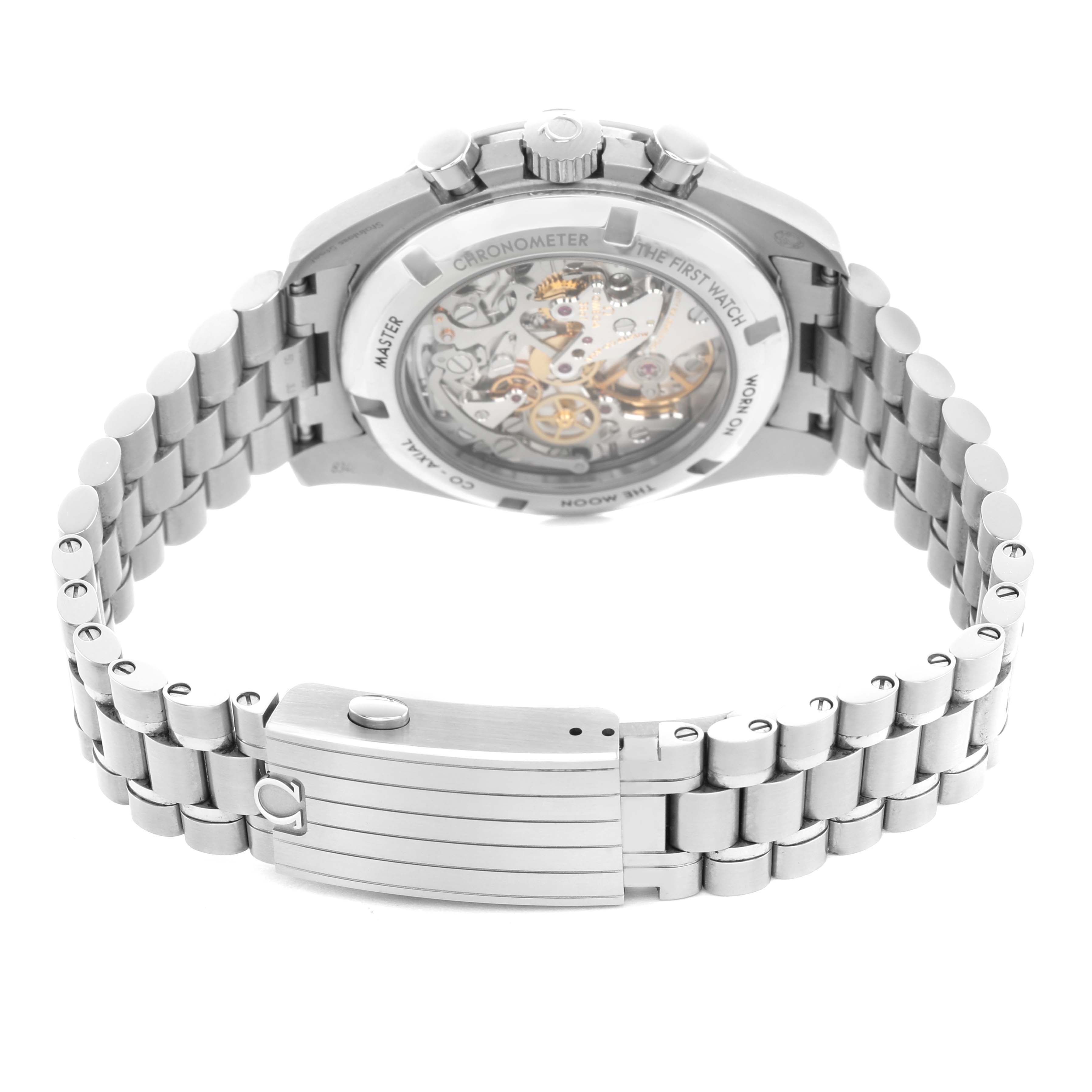 The Omega Speedmaster 310.30.42.50.01.002 Men's Stainless Steel Black Dial watch is shown from the back, highlighting the movement and bracelet clasp.