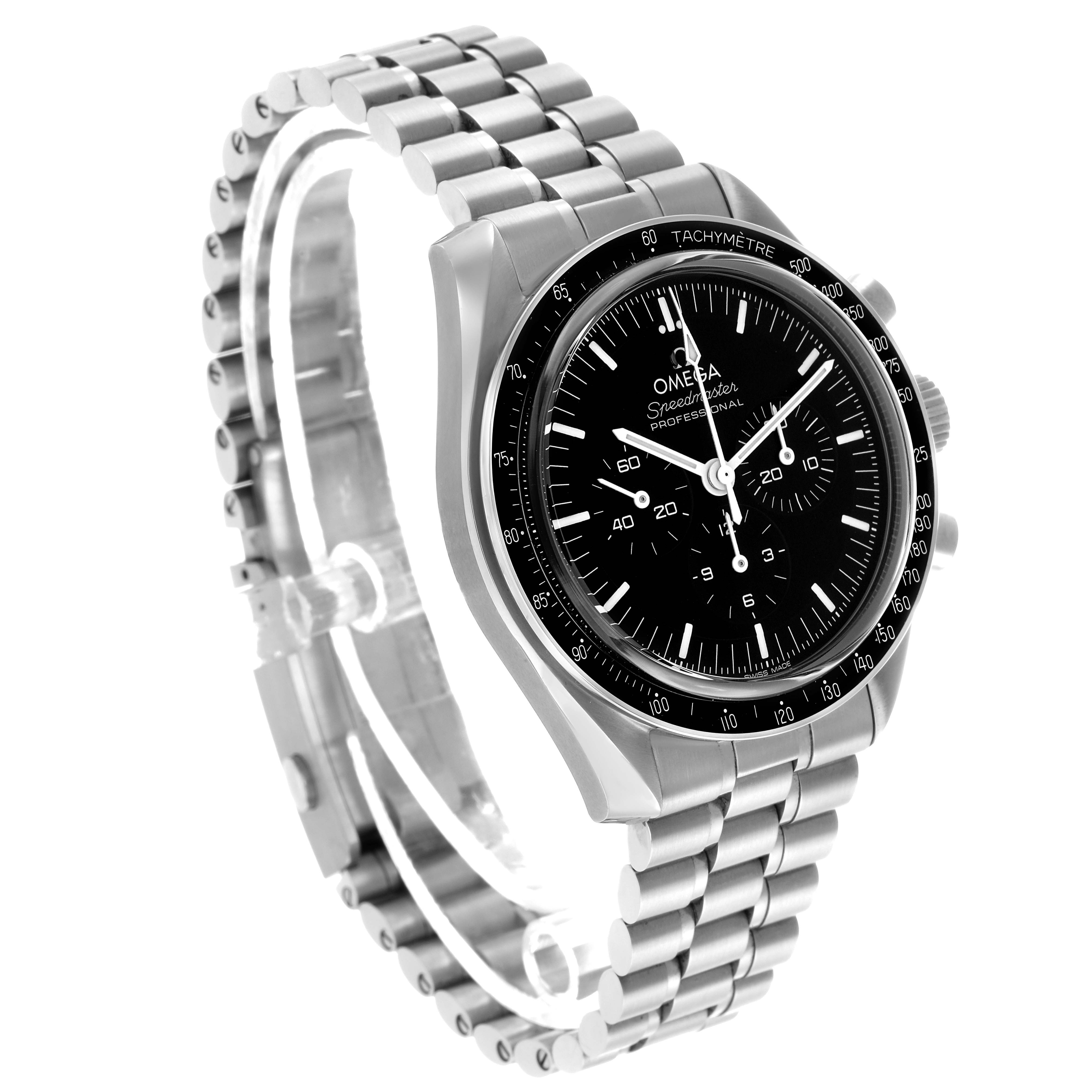 The Omega Speedmaster 310.30.42.50.01.002 Men's Stainless Steel Black Dial is shown from a three-quarter angle, highlighting the face, bezel, crown, and full bracelet.
