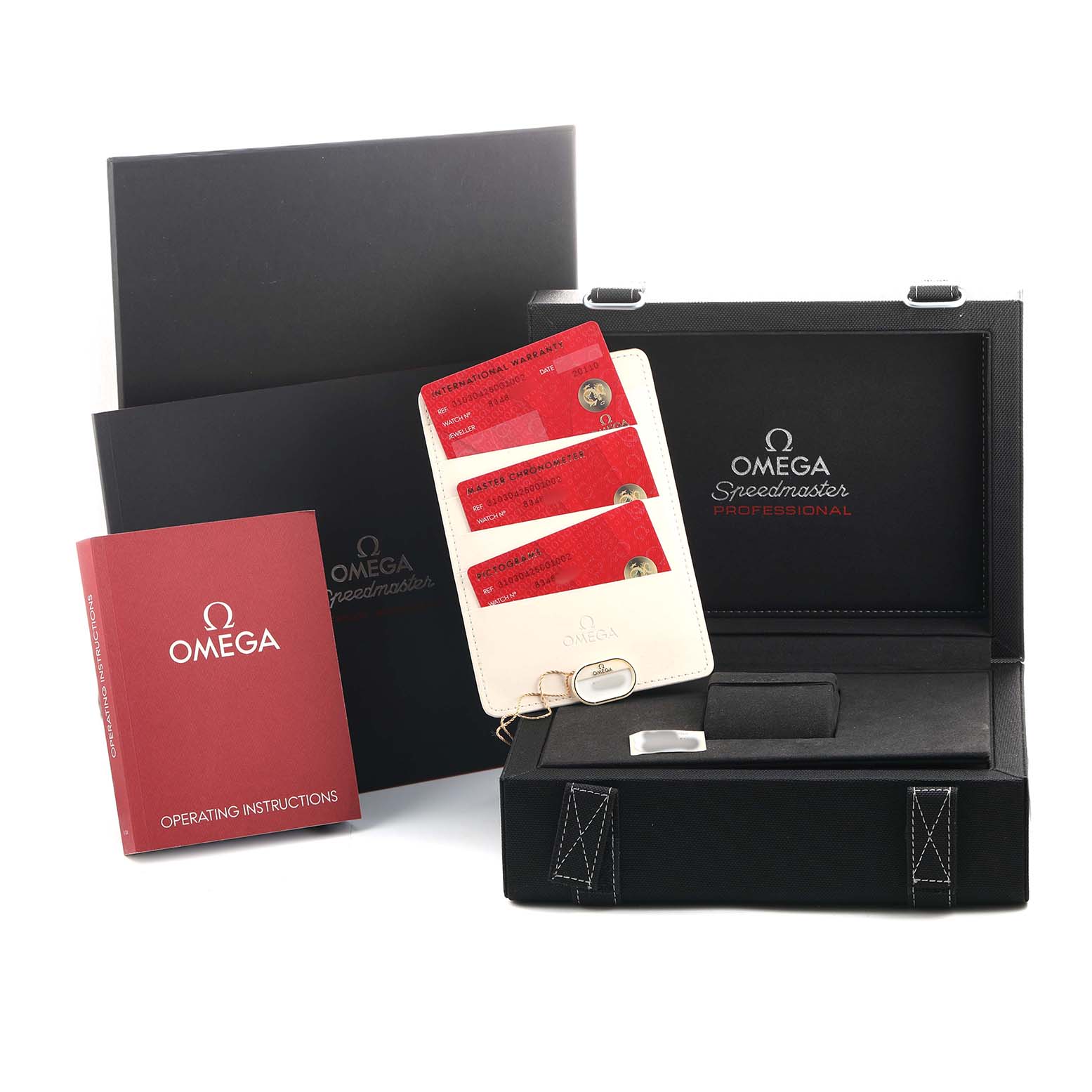 The image shows the Omega Speedmaster 310.30.42.50.01.002 Men's Stainless Steel Black Dial packaging, includes a box, operating instructions, and authenticity cards.