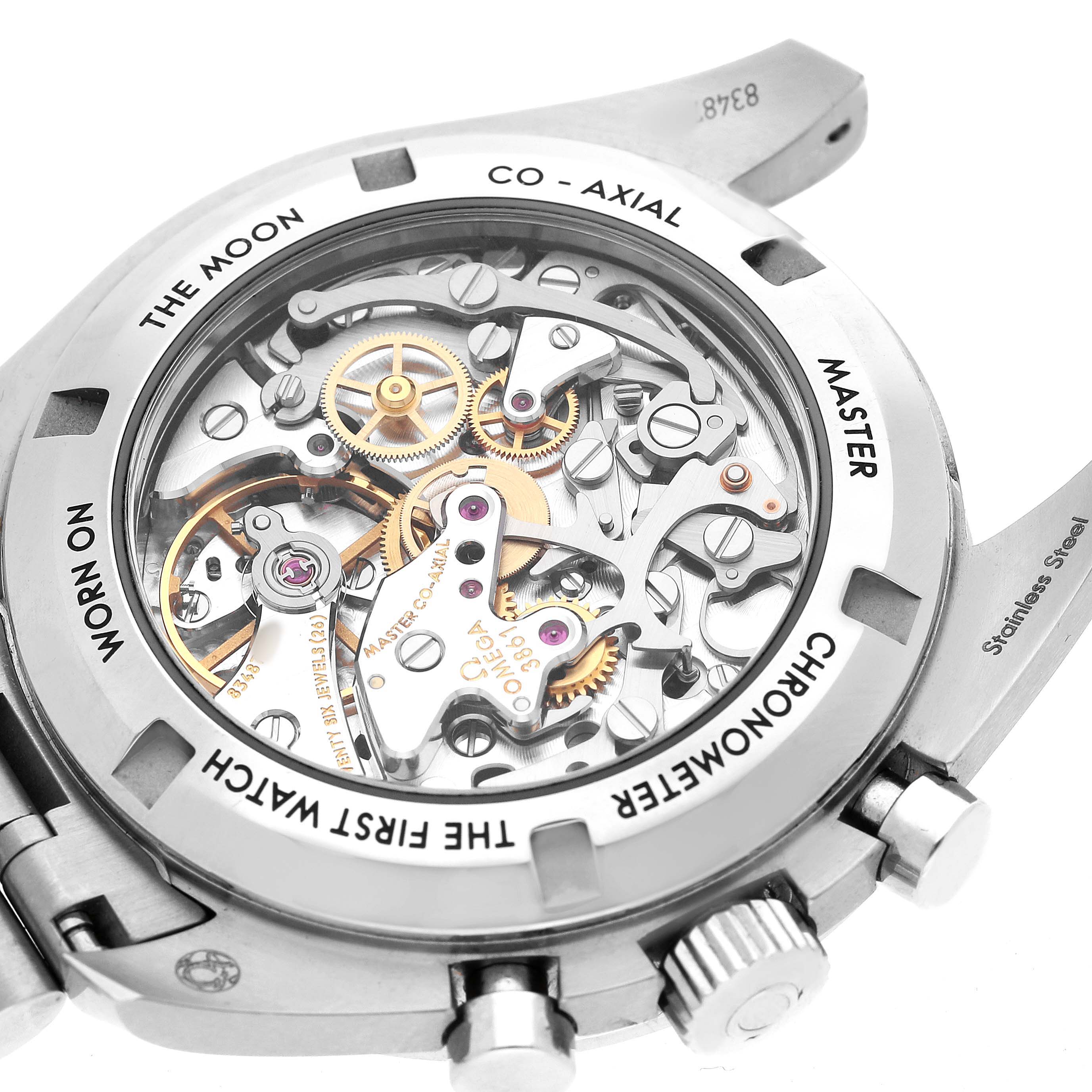 The image shows the back of an Omega Speedmaster 310.30.42.50.01.002 Men's Stainless Steel Black Dial, revealing its mechanical movement through a transparent case back.