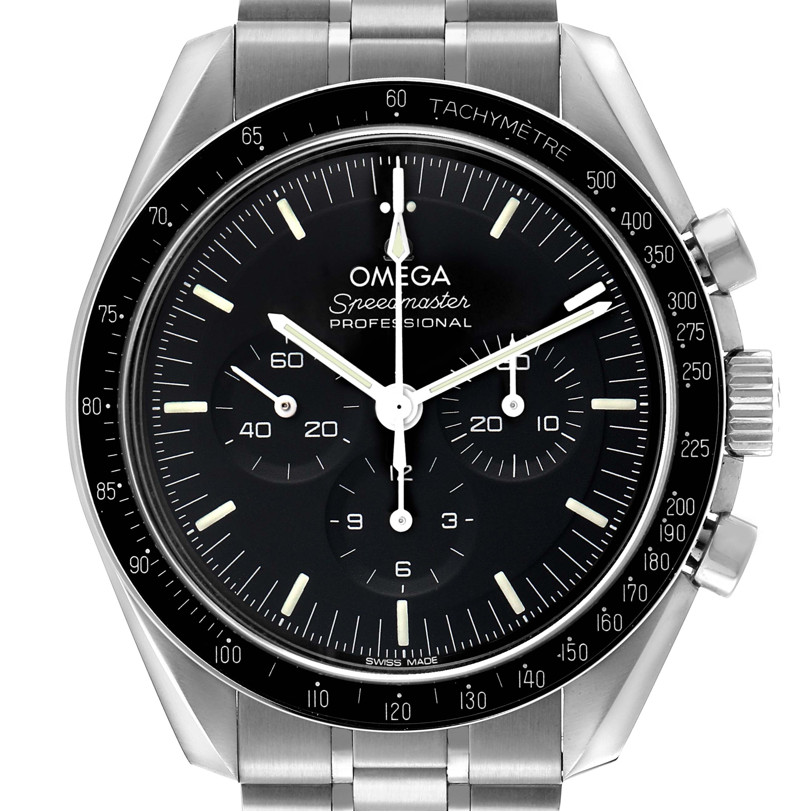 The Omega Speedmaster 310.30.42.50.01.002 Men's Stainless Steel Black Dial watch is shown from a front angle, displaying its face, bezel, three subdials, and part of the bracelet.