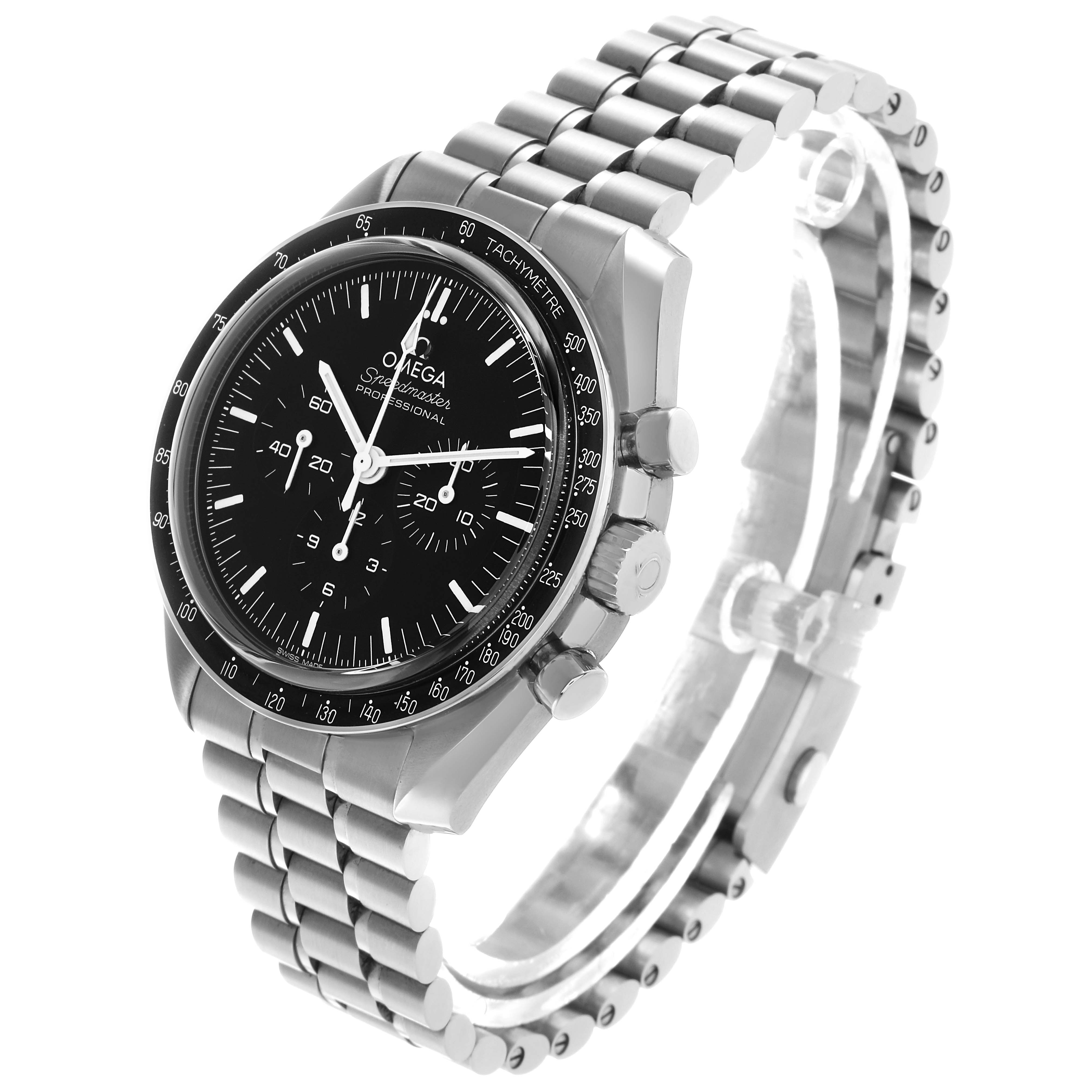 The Omega Speedmaster 310.30.42.50.01.002 Men's Stainless Steel Black Dial watch is shown at a three-quarter angle, displaying the face, bezel, crown, and bracelet.