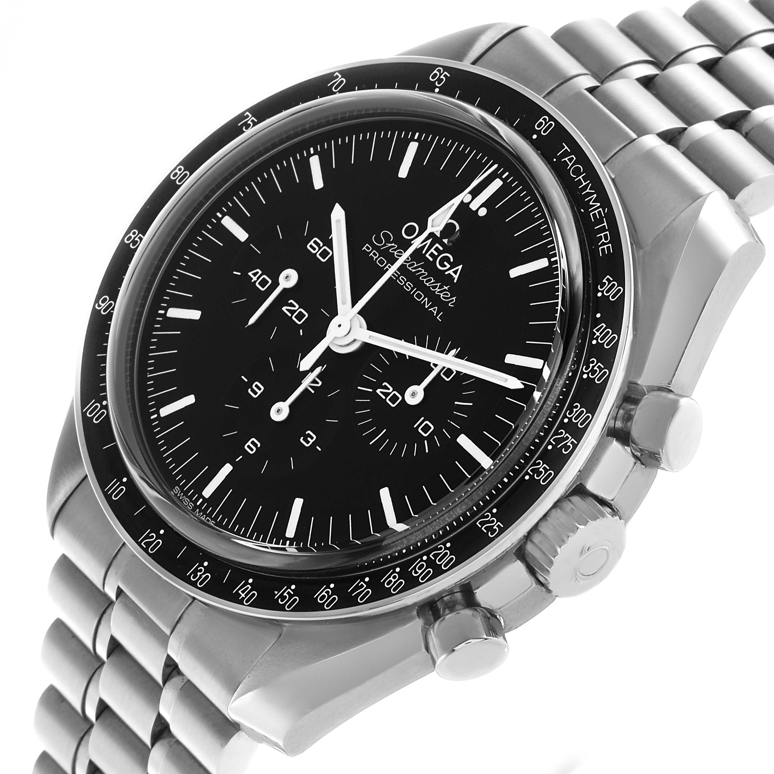 The Omega Speedmaster 310.30.42.50.01.002 Men's Stainless Steel Black Dial watch is shown at a slight angle, highlighting the face, bezel, crown, and bracelet.