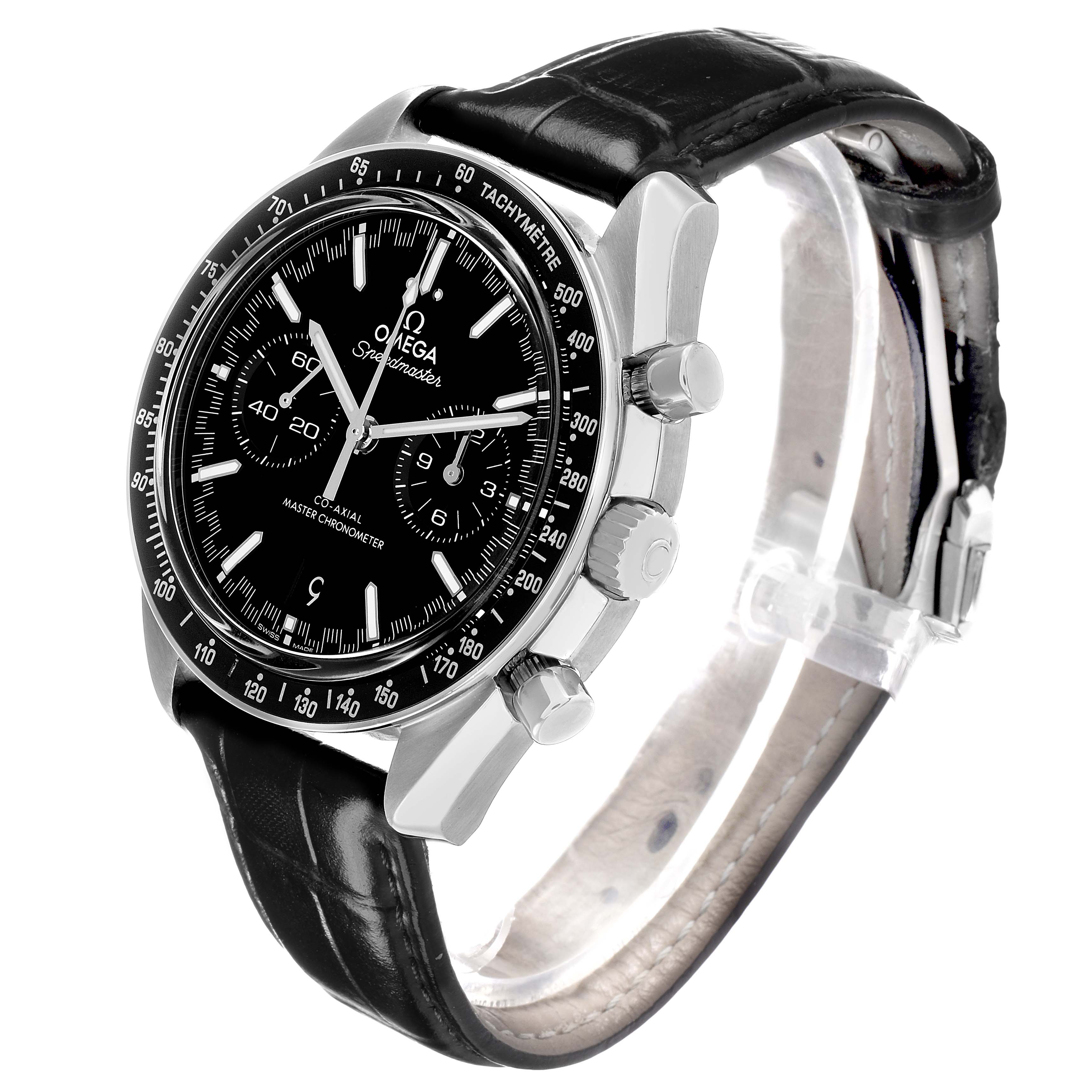 The Omega Speedmaster 329.33.44.51.01.001 Men's Stainless Steel Black Dial watch is shown at a slight angled side view, featuring its dial, bezel, crown, and leather strap.