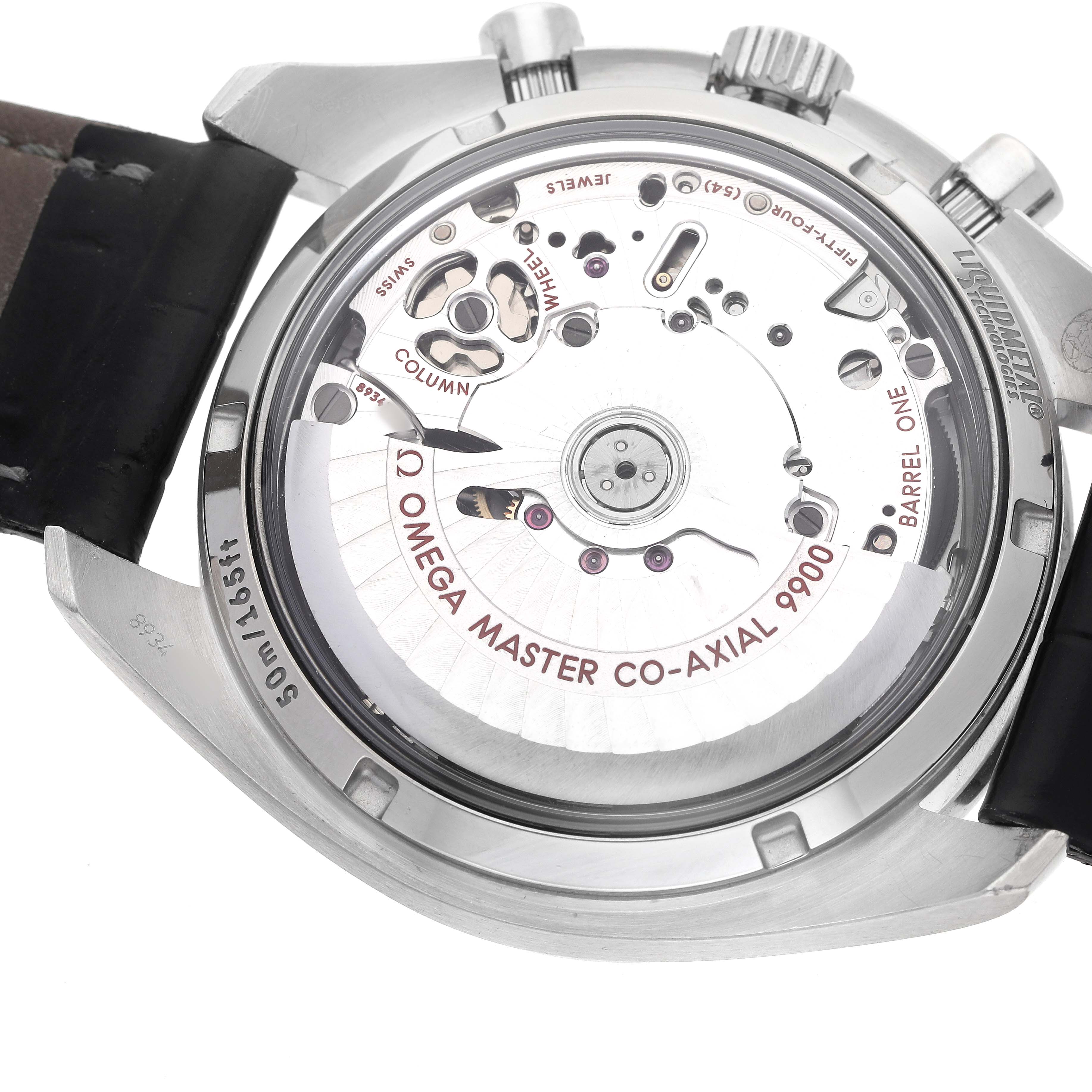 The image shows the back view of an Omega Speedmaster 329.33.44.51.01.001 Men's Stainless Steel Black Dial, highlighting the intricate mechanism of the watch movement.