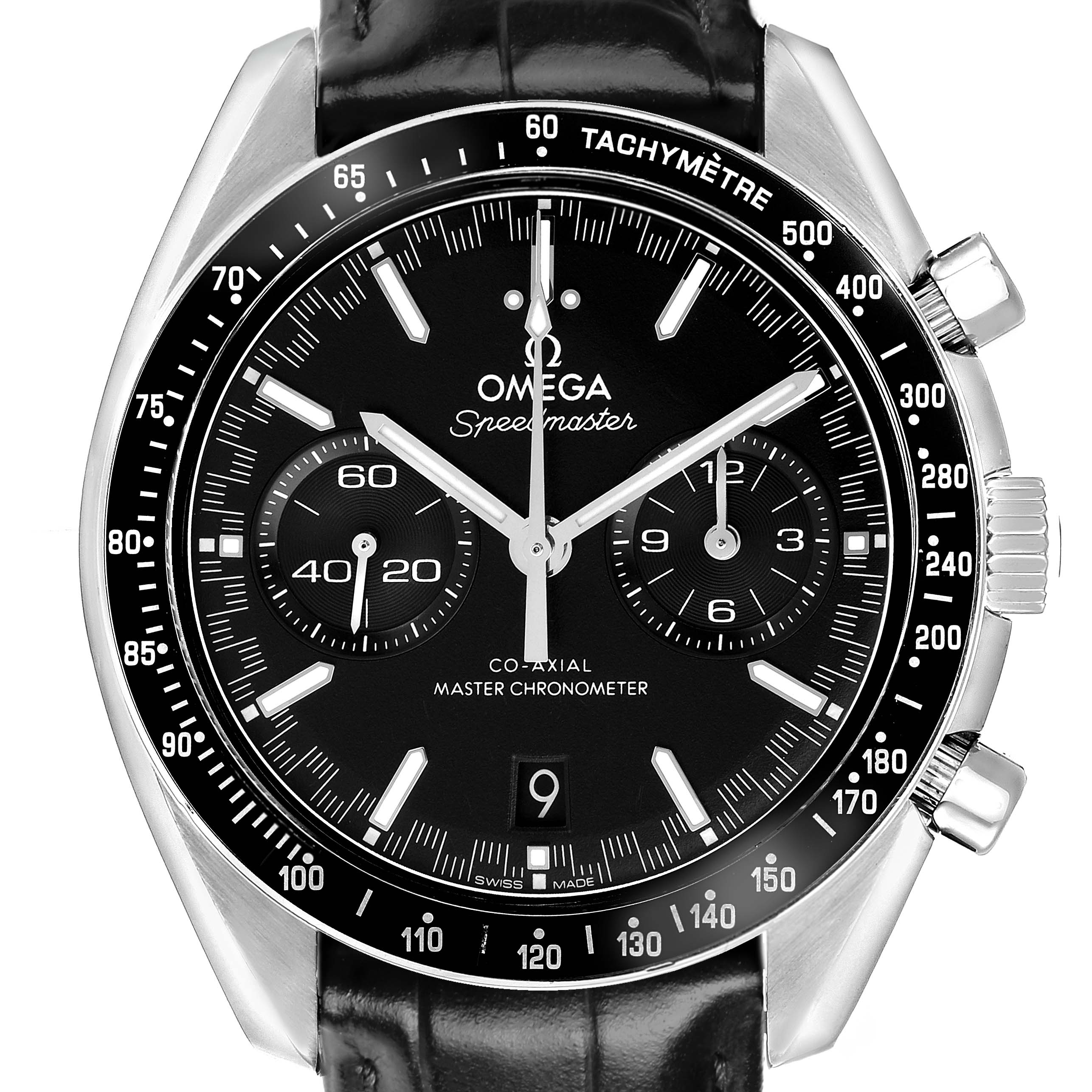 The Omega Speedmaster 329.33.44.51.01.001 Men's Stainless Steel Black Dial watch is shown from the front, displaying the dial, subdials, tachymetric scale, and crown.