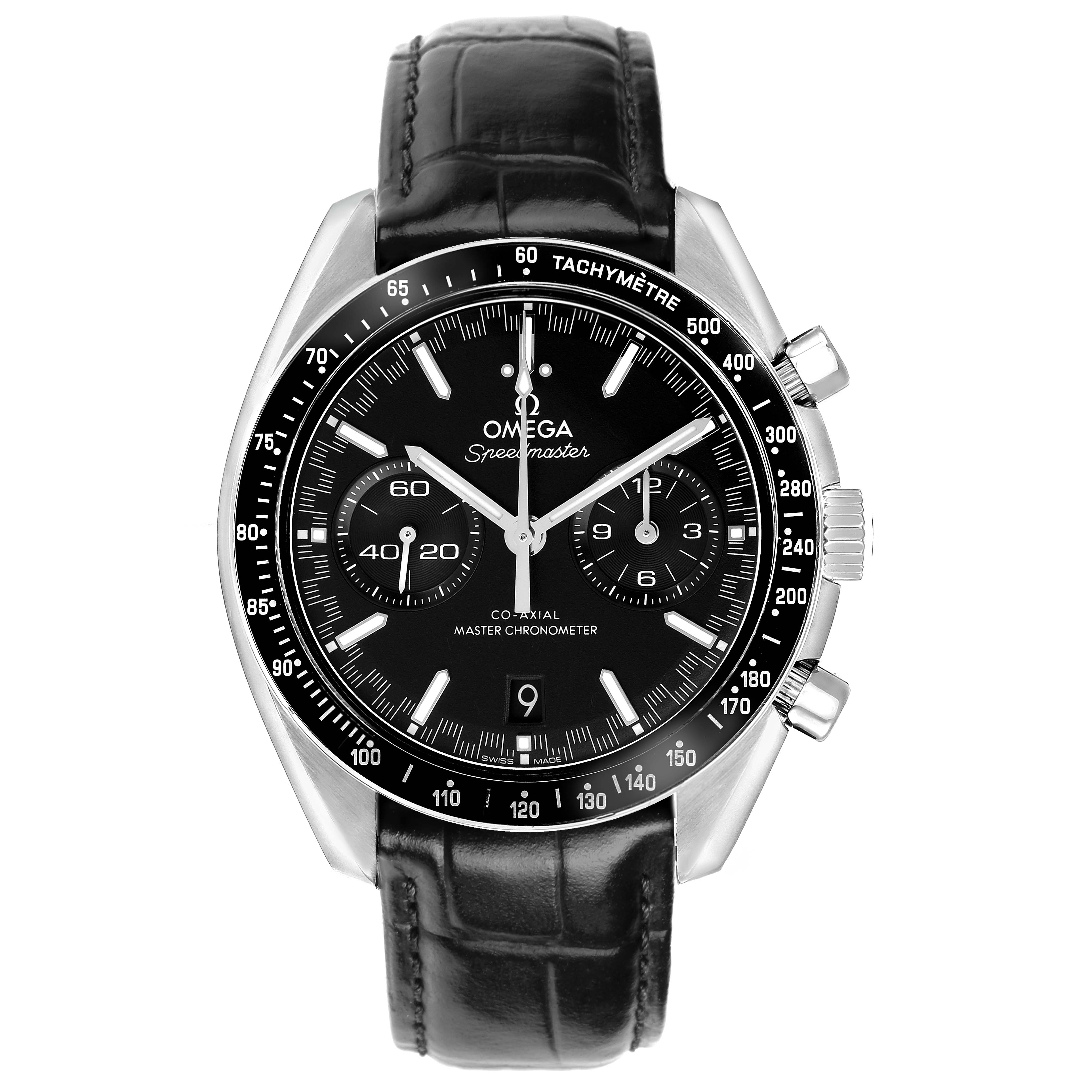 The Omega Speedmaster 329.33.44.51.01.001 Men's Stainless Steel Black Dial watch is shown from a front angle, highlighting its black dial, chronograph subdials, and tachymeter bezel.