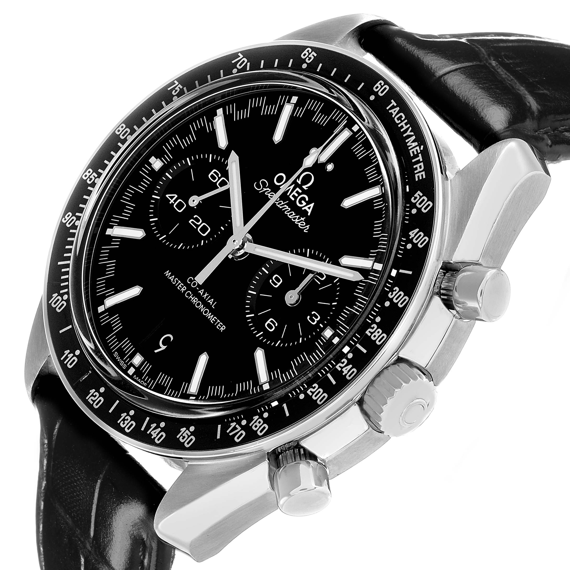 The Omega Speedmaster 329.33.44.51.01.001 Men's Stainless Steel Black Dial watch is shown at an angled close-up, displaying the bezel, sub-dials, crown, and pushers.