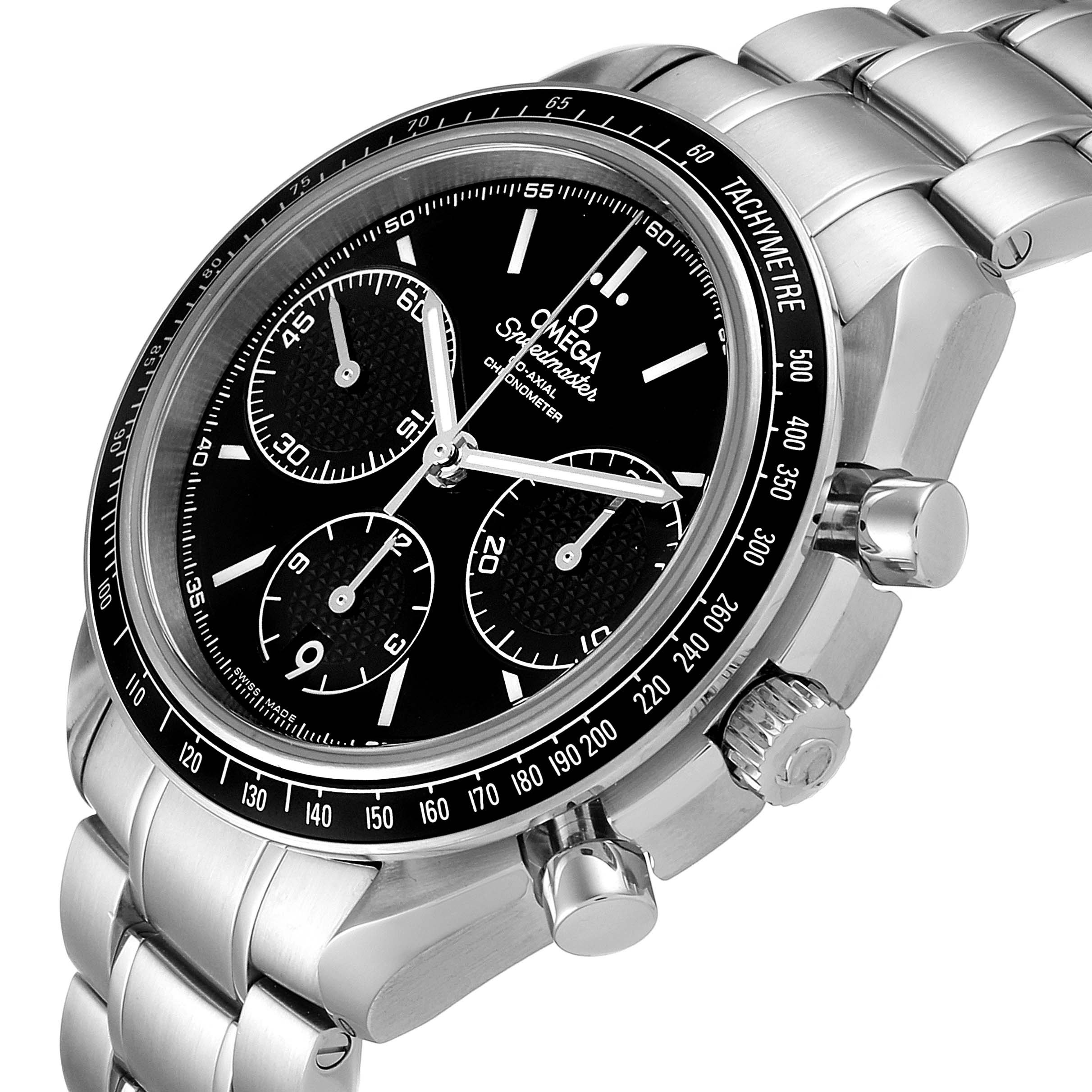 The Omega Speedmaster 326.30.40.50.01.001 Men
s Stainless Steel Black Dial 326.30.40.50.01.001 Men
s Stainless Steel Black Dial watch is shown at a tilted angle, highlighting its face, bezel, sub-dials, and stainless steel bracelet.