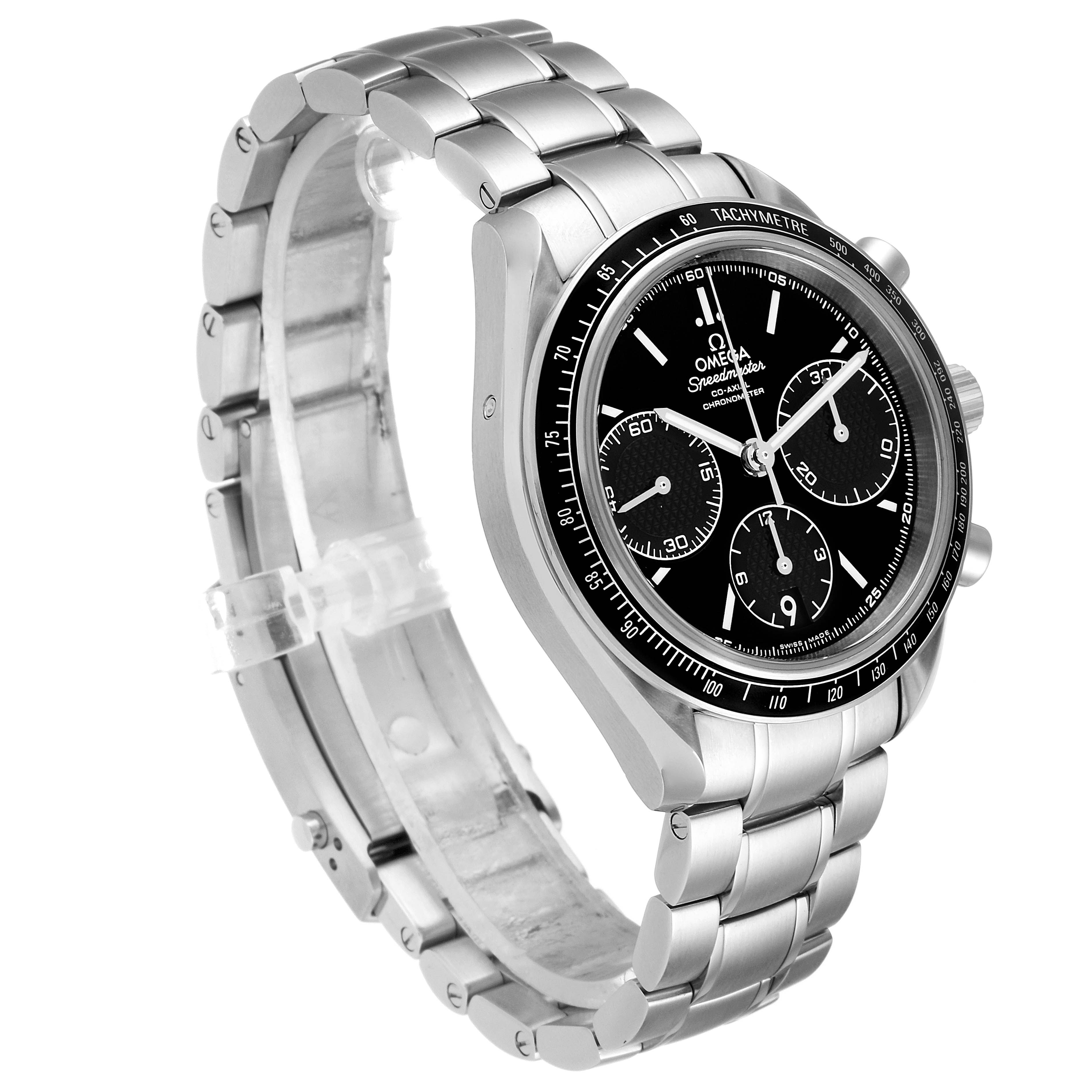 The Omega Speedmaster 326.30.40.50.01.001 Men
s Stainless Steel Black Dial 326.30.40.50.01.001 Men
s Stainless Steel Black Dial watch is shown at a three-quarters angle, highlighting its stainless steel case, black dial, and metal bracelet.