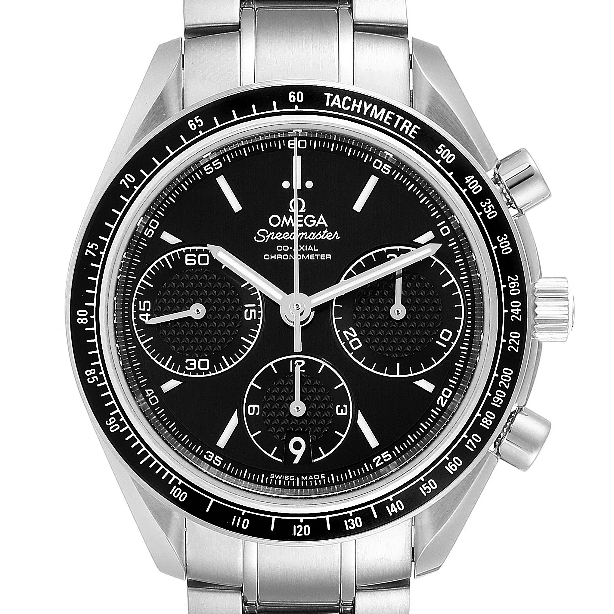 The image shows a front view of the Omega Speedmaster 326.30.40.50.01.001 Men
s Stainless Steel Black Dial 326.30.40.50.01.001 Men
s Stainless Steel Black Dial watch, highlighting the dial, tachymeter bezel, and chronograph subdials.