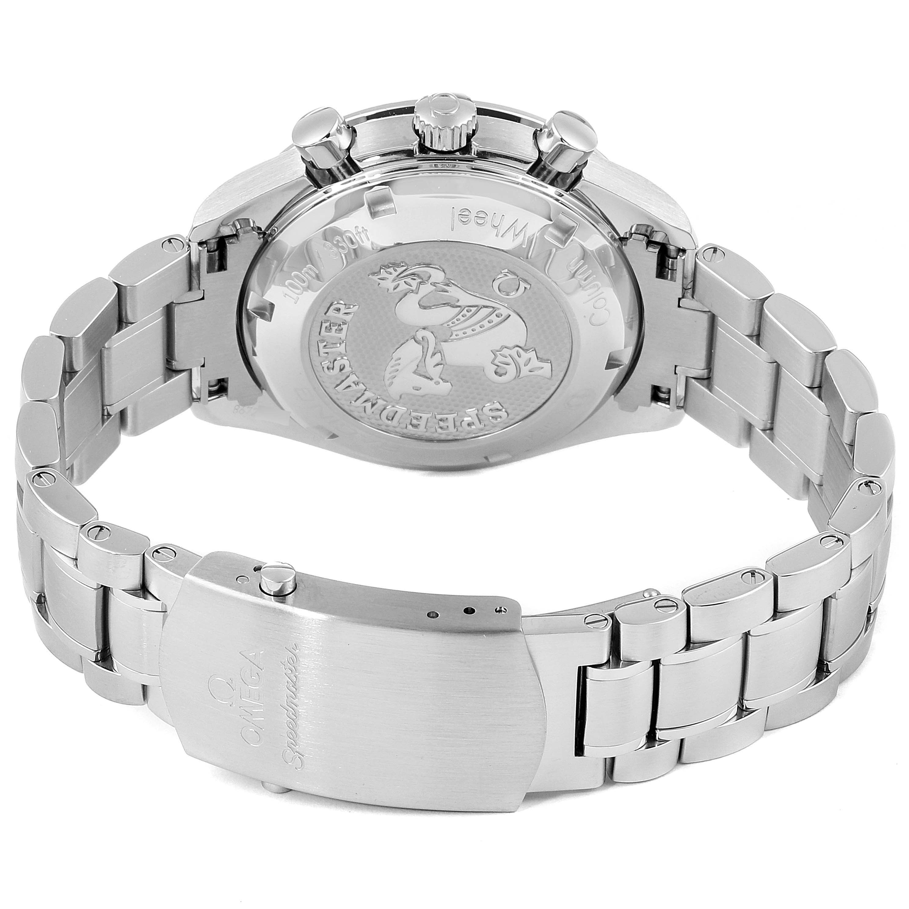 The image shows the back view of an Omega Speedmaster 326.30.40.50.01.001 Men
s Stainless Steel Black Dial 326.30.40.50.01.001 Men
s Stainless Steel Black Dial watch, highlighting its clasp, bracelet, and case back.