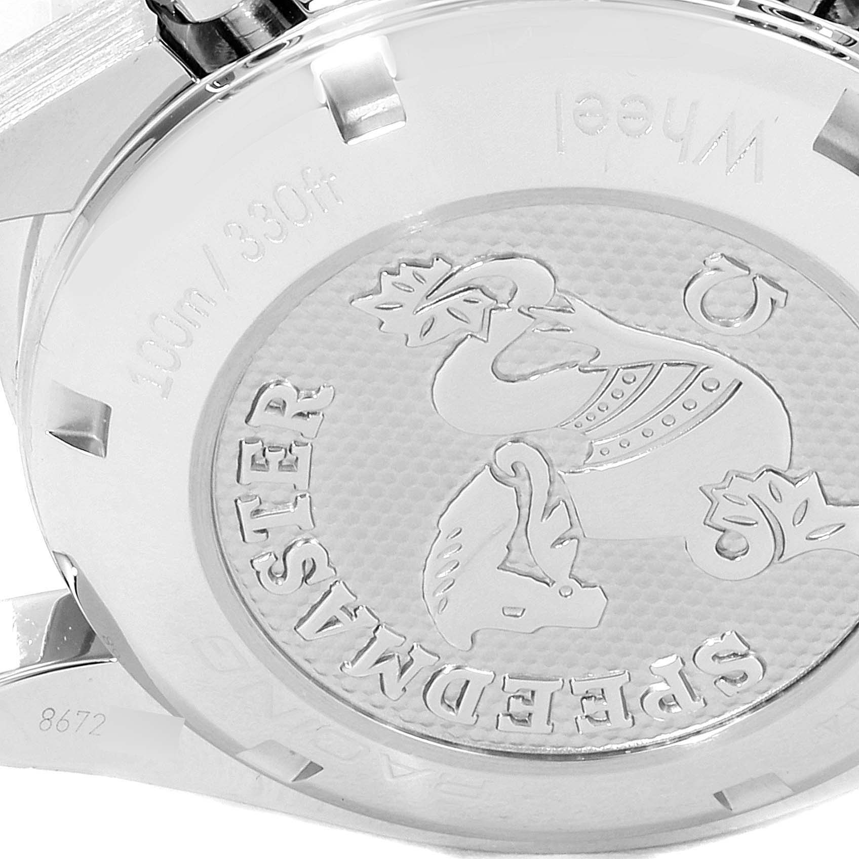 The image shows the back case of an Omega Speedmaster 326.30.40.50.01.001 Men
s Stainless Steel Black Dial 326.30.40.50.01.001 Men
s Stainless Steel Black Dial watch, featuring engraved branding and a seahorse emblem.