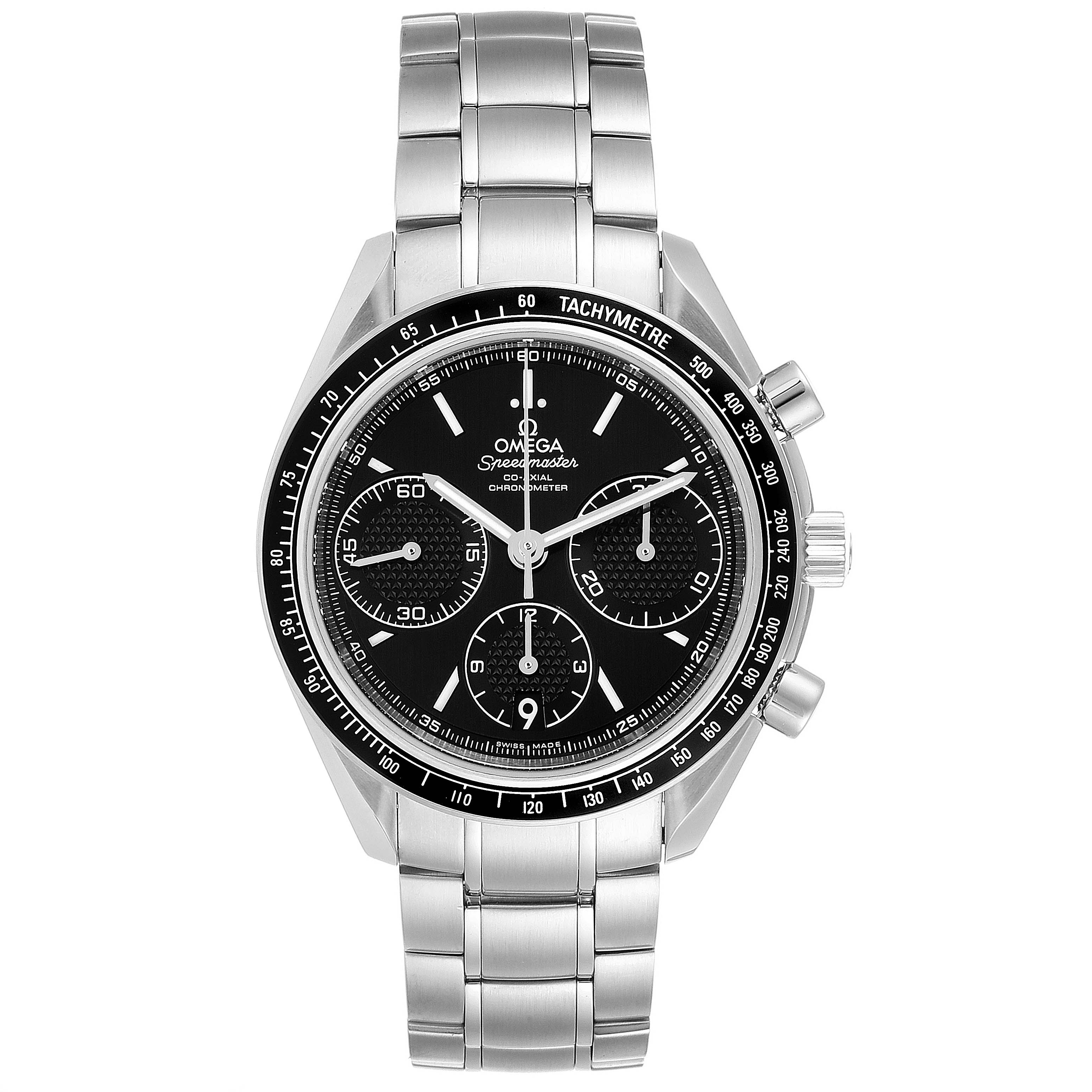 The image shows a frontal view of the Omega Speedmaster 326.30.40.50.01.001 Men
s Stainless Steel Black Dial 326.30.40.50.01.001 Men
s Stainless Steel Black Dial watch, displaying the dial, sub-dials, tachymeter bezel, and stainless steel bracelet.
