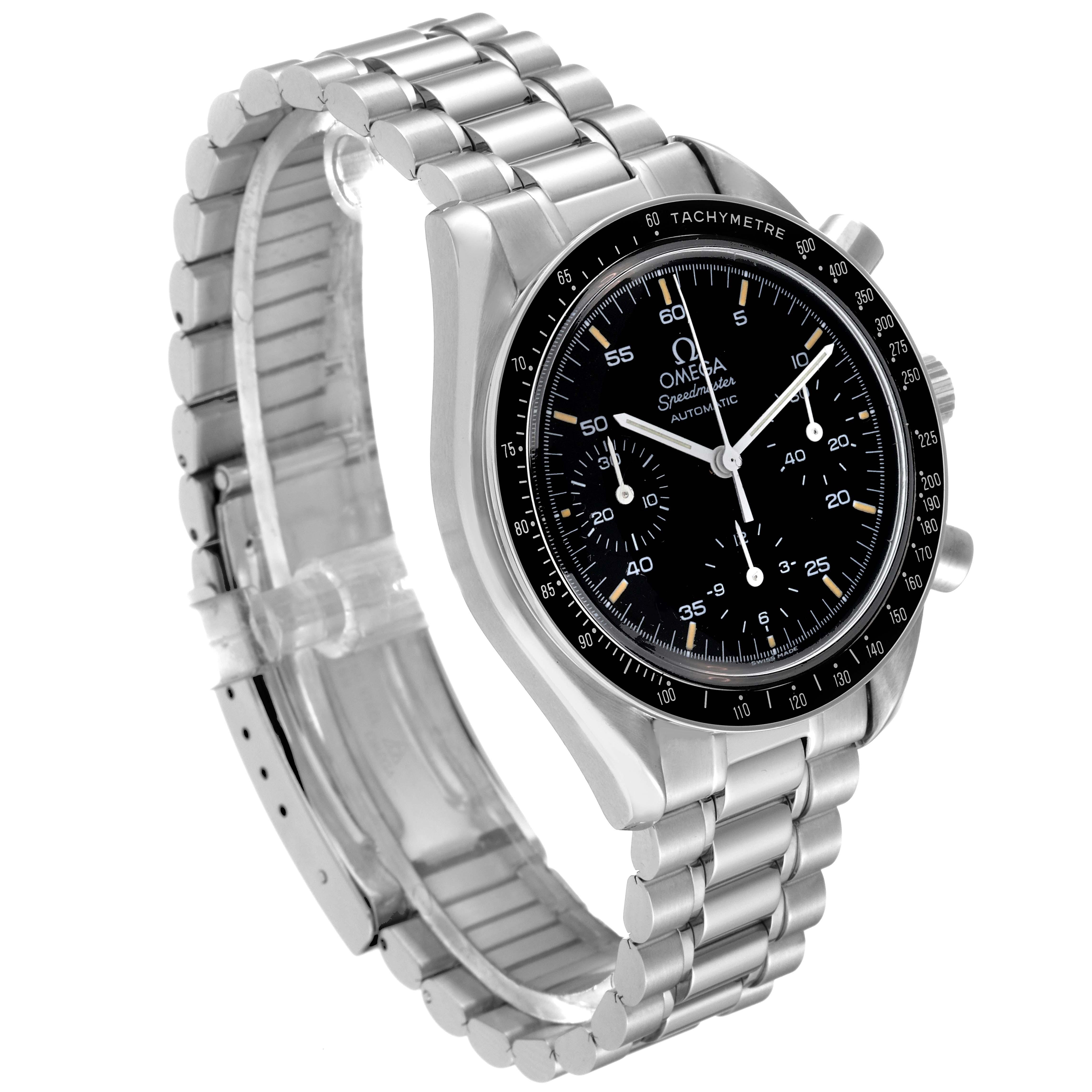 The image shows an Omega Speedmaster 3510.50.00 Men
s Stainless Steel Black Dial 3510.50.00 Men
s Stainless Steel Black Dial watch at an angle displaying its face, tachymeter bezel, and stainless steel bracelet.