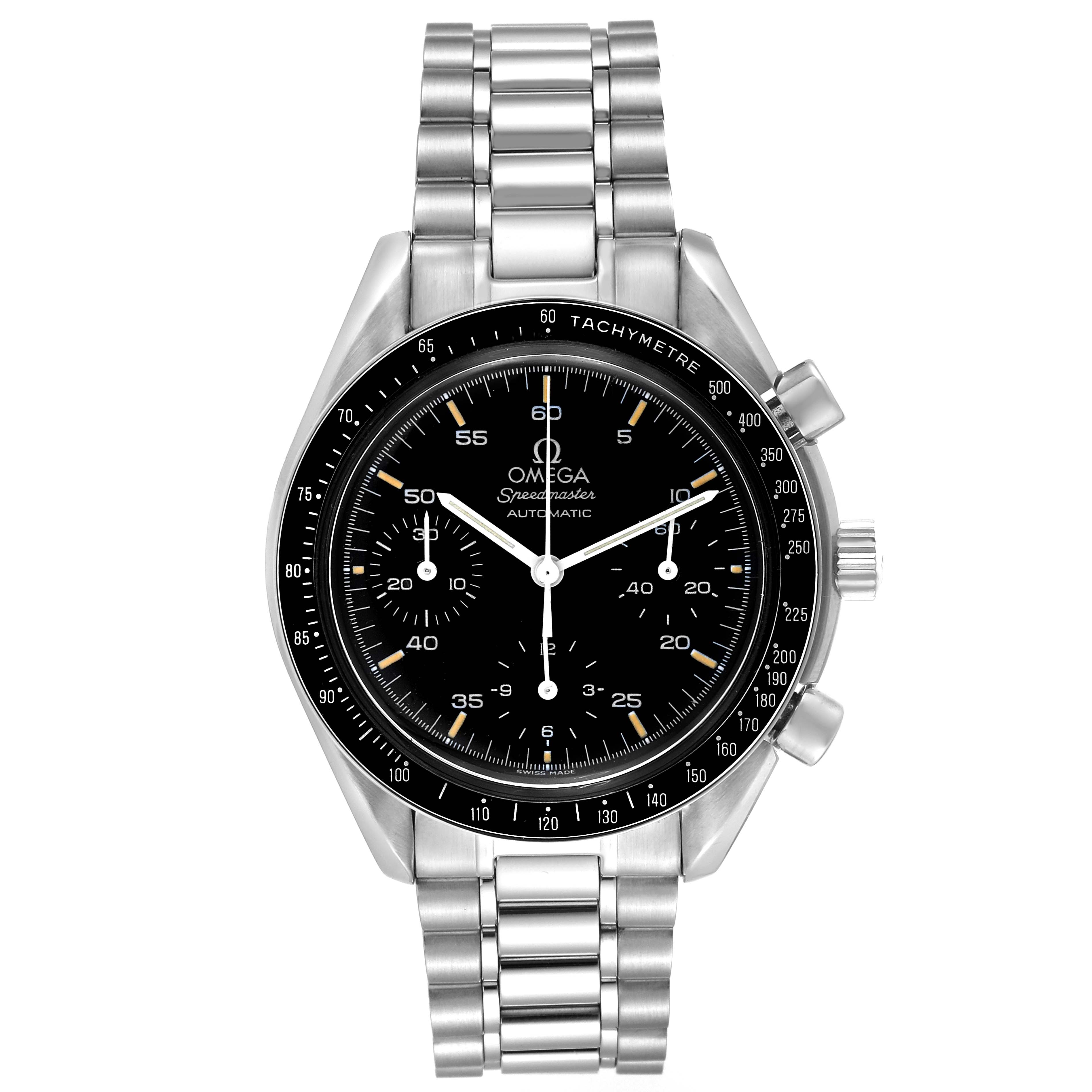The image shows a front view of the Omega Speedmaster 3510.50.00 Men
s Stainless Steel Black Dial 3510.50.00 Men
s Stainless Steel Black Dial watch, highlighting its black dial, tachymeter bezel, and stainless steel bracelet.